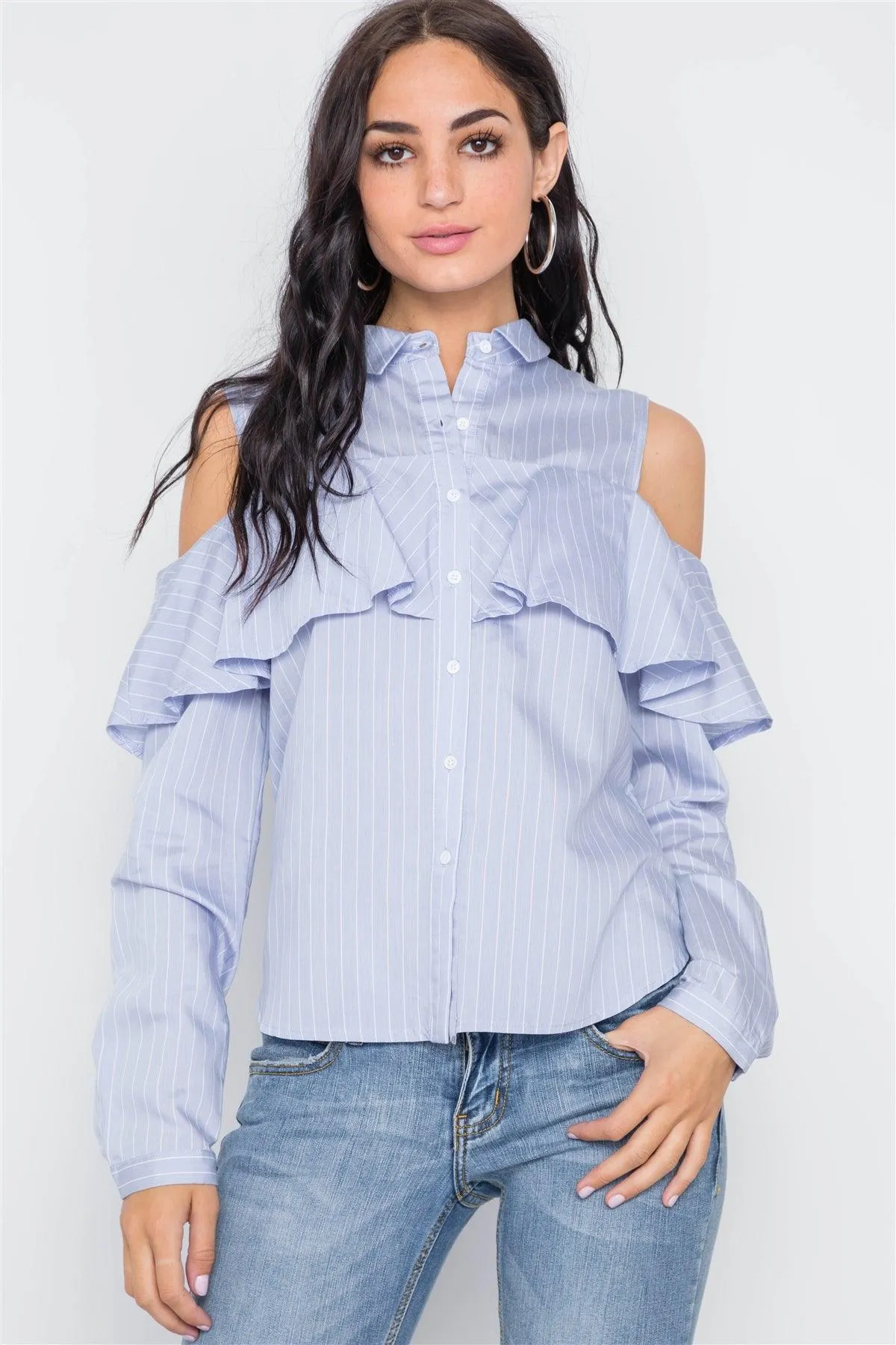Blue Stripe Cold Shoulder Button Down Top