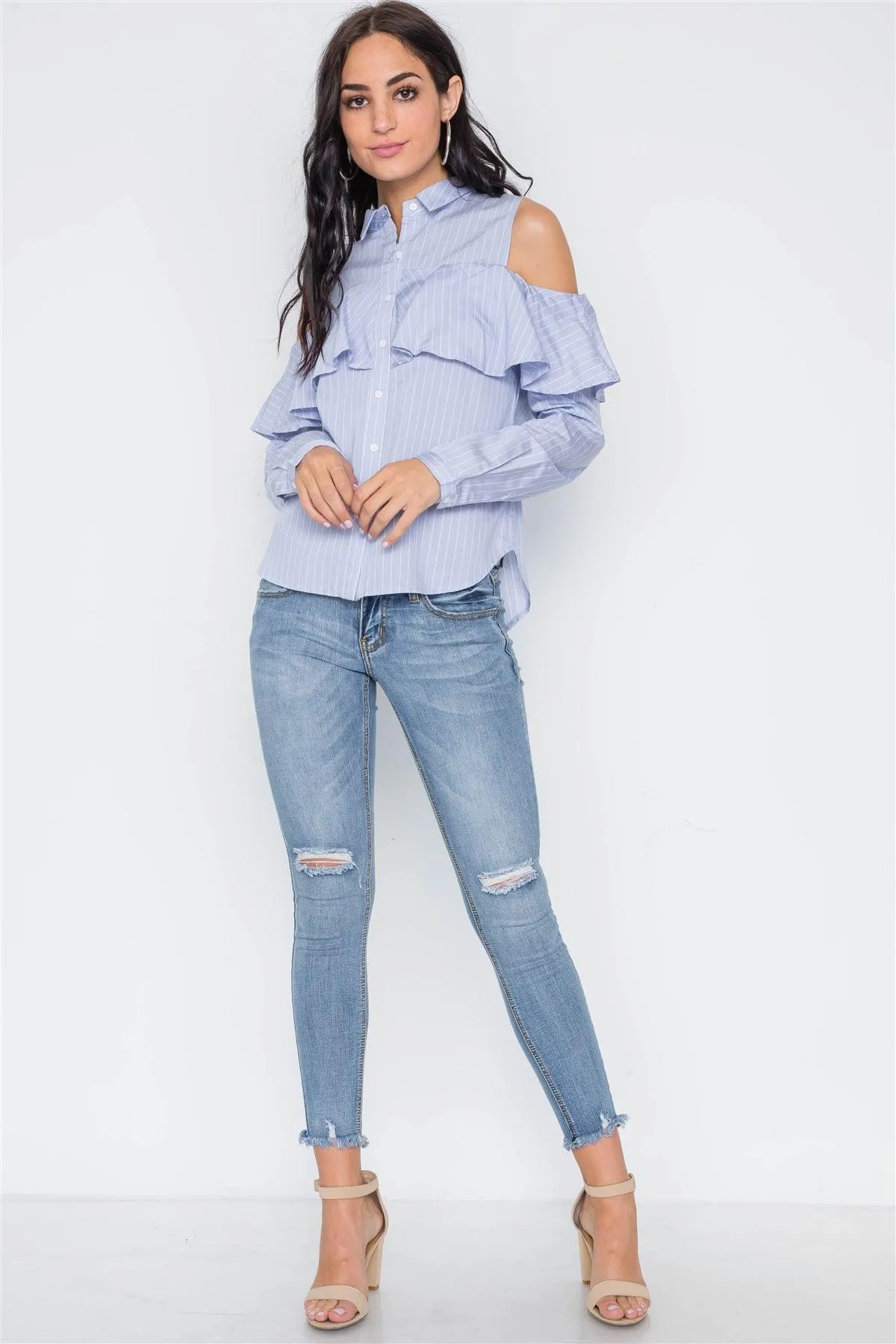 Blue Stripe Cold Shoulder Button Down Top