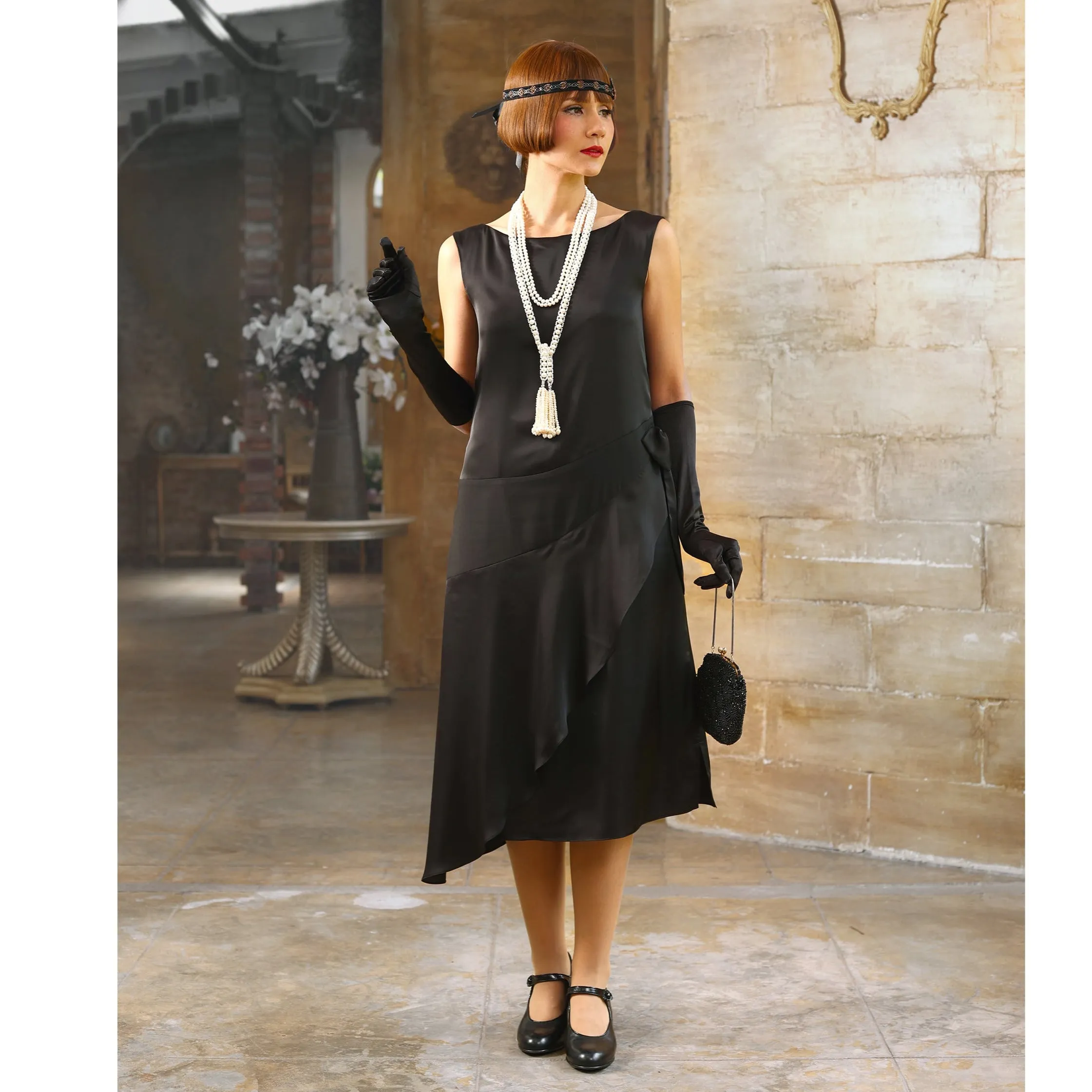 Boat neck little black Great Gatsby satin party dress