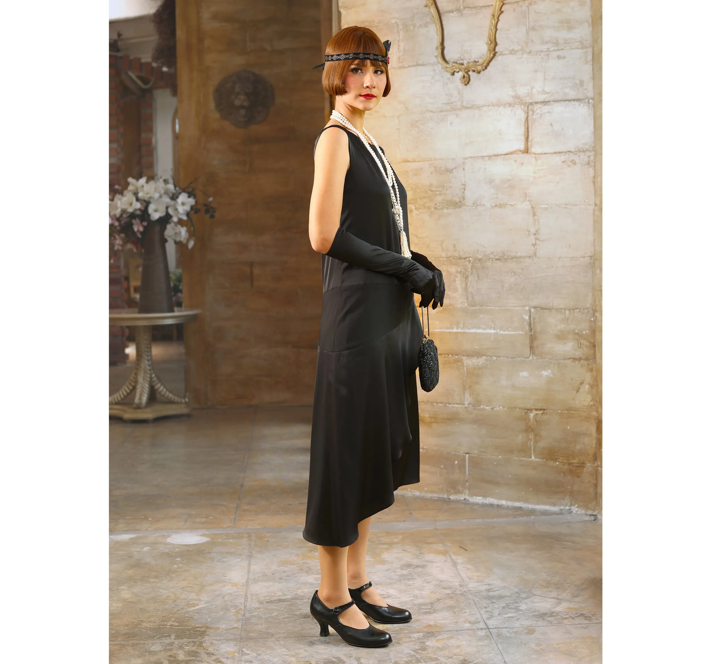 Boat neck little black Great Gatsby satin party dress