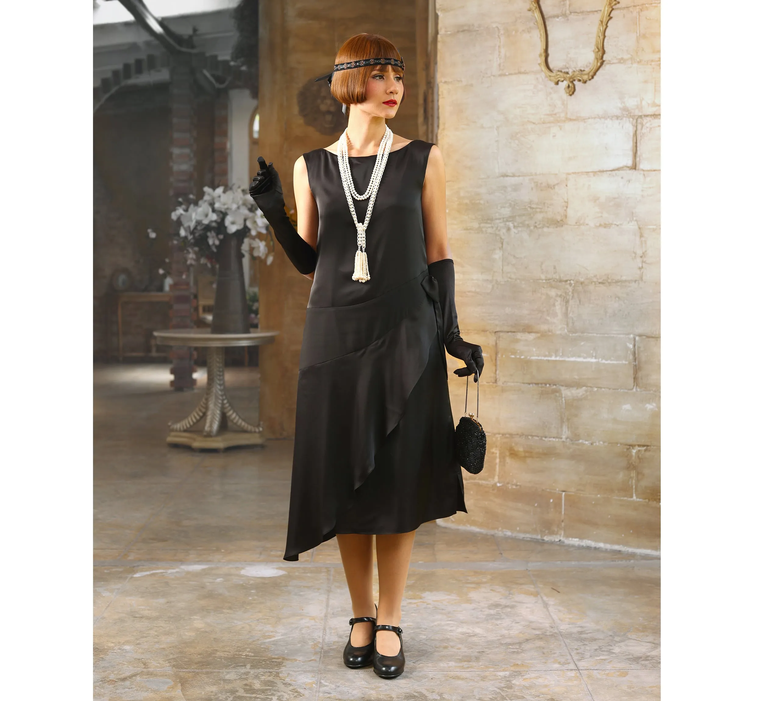 Boat neck little black Great Gatsby satin party dress