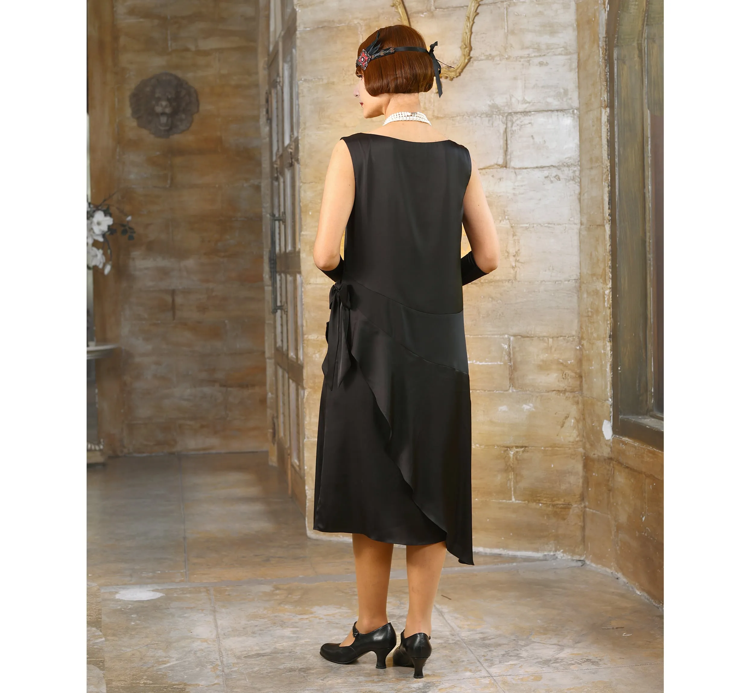 Boat neck little black Great Gatsby satin party dress