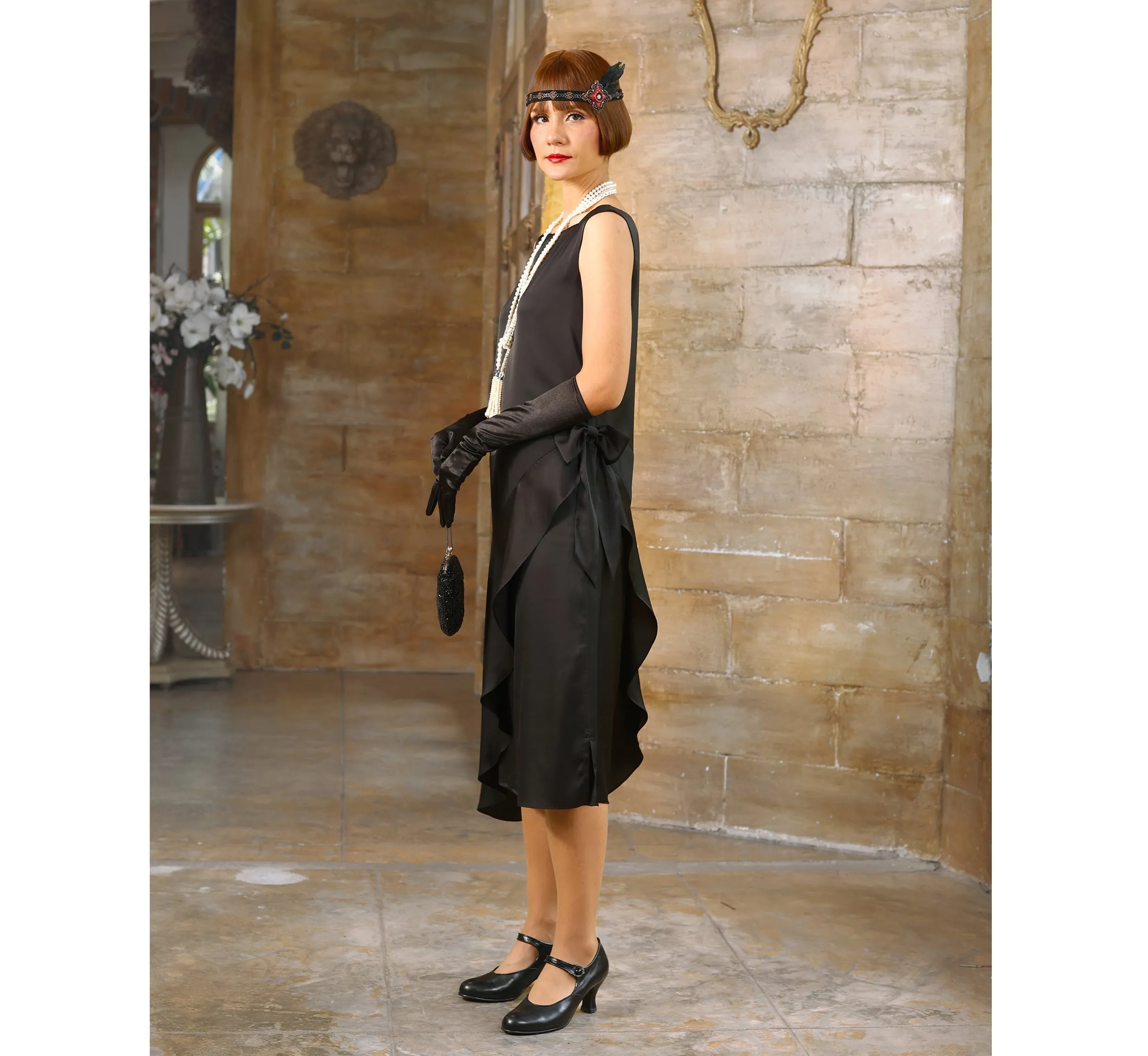 Boat neck little black Great Gatsby satin party dress