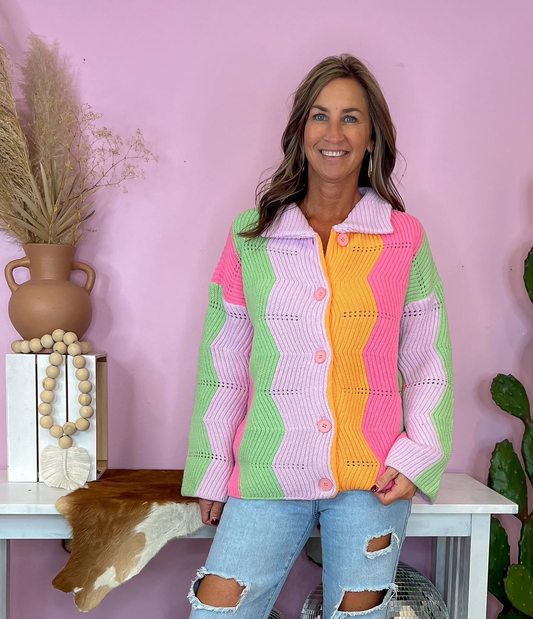 Boho Bliss Rainbow Knit Button Up Cardigan