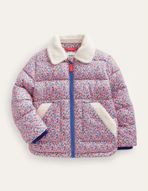 Borg Detail Padded Jacket-Jam Red Micro Floral