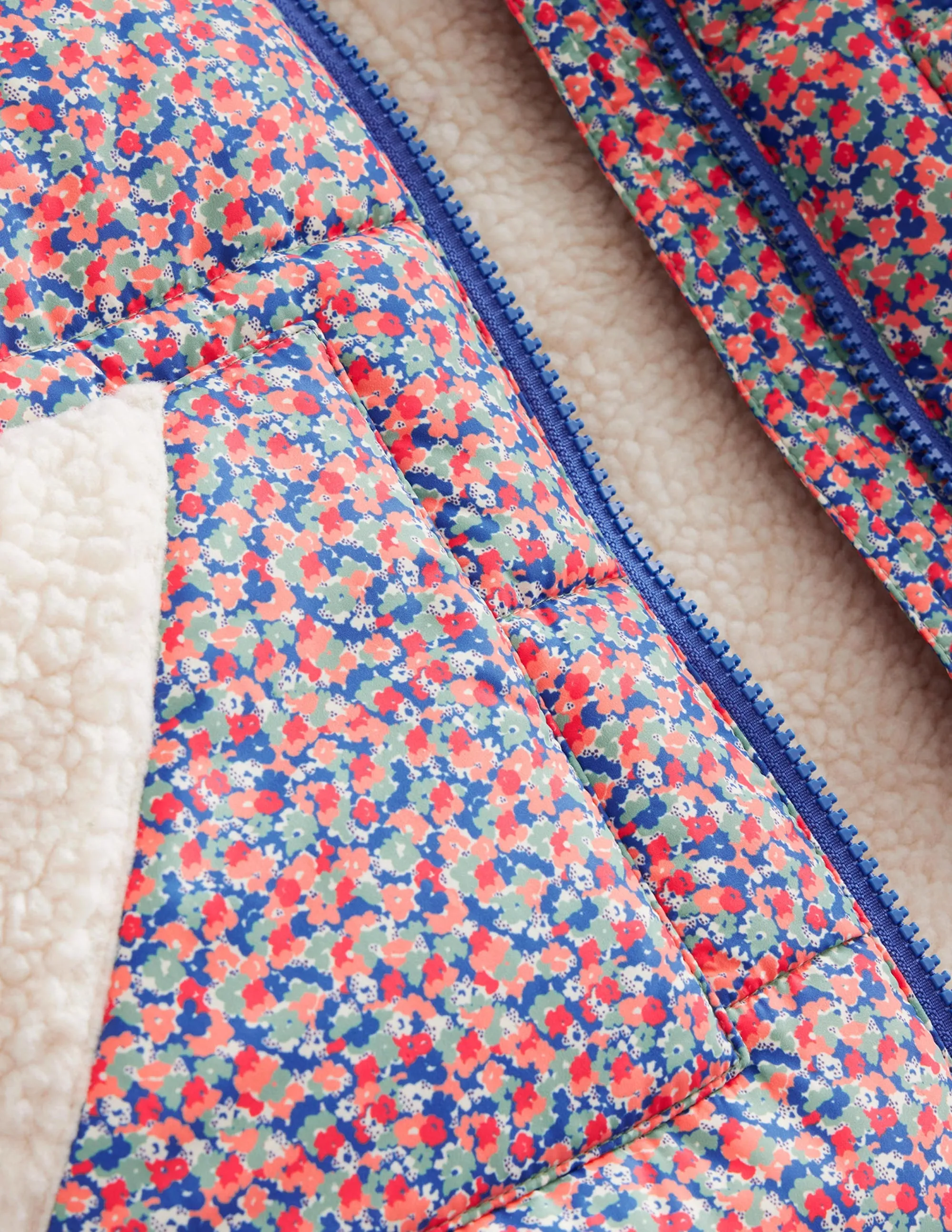 Borg Detail Padded Jacket-Jam Red Micro Floral