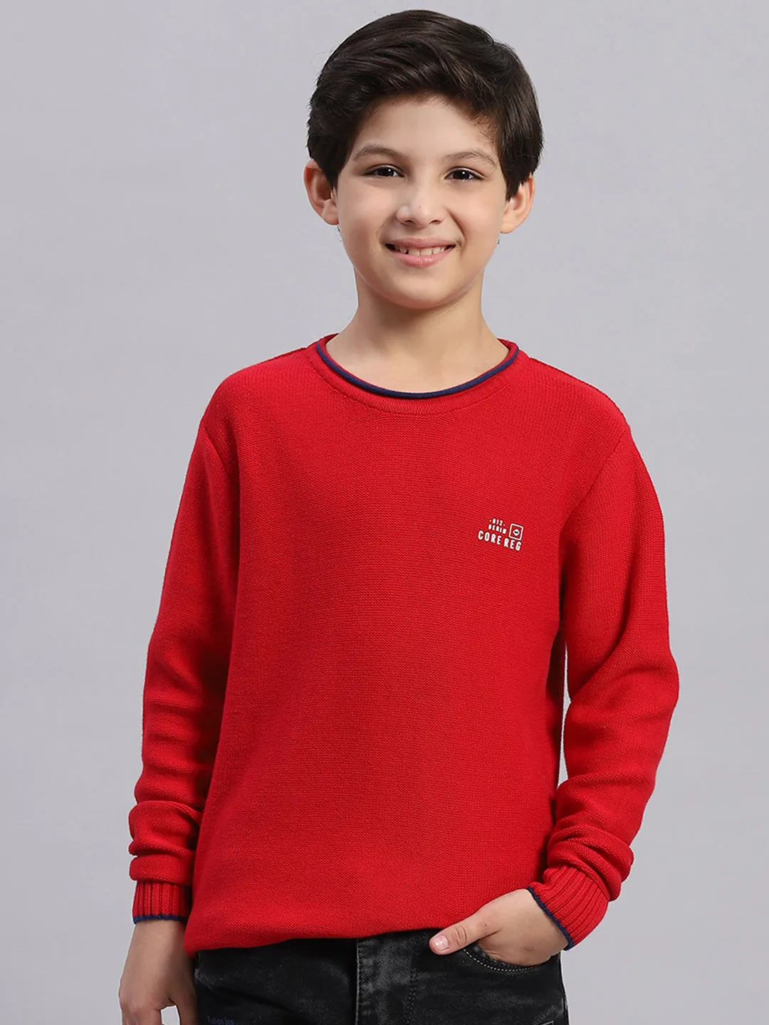 Boys Red Solid Round Neck Full Sleeve Sweater
