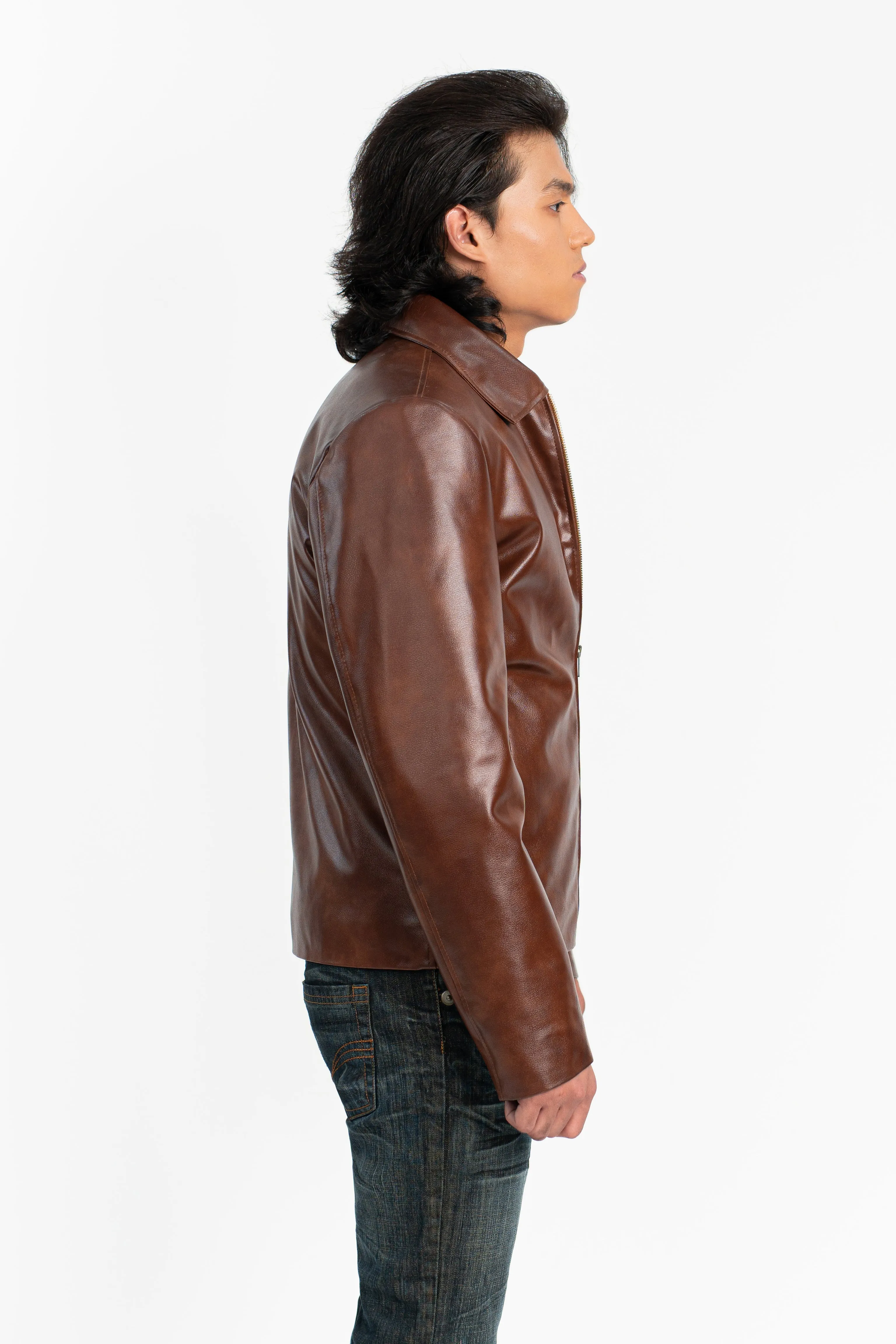 Brown Zipper Basic Faux Leather Jacket