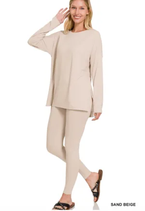 Brushed Microfiber Long Sleeve Lounge Set - Sand Beige