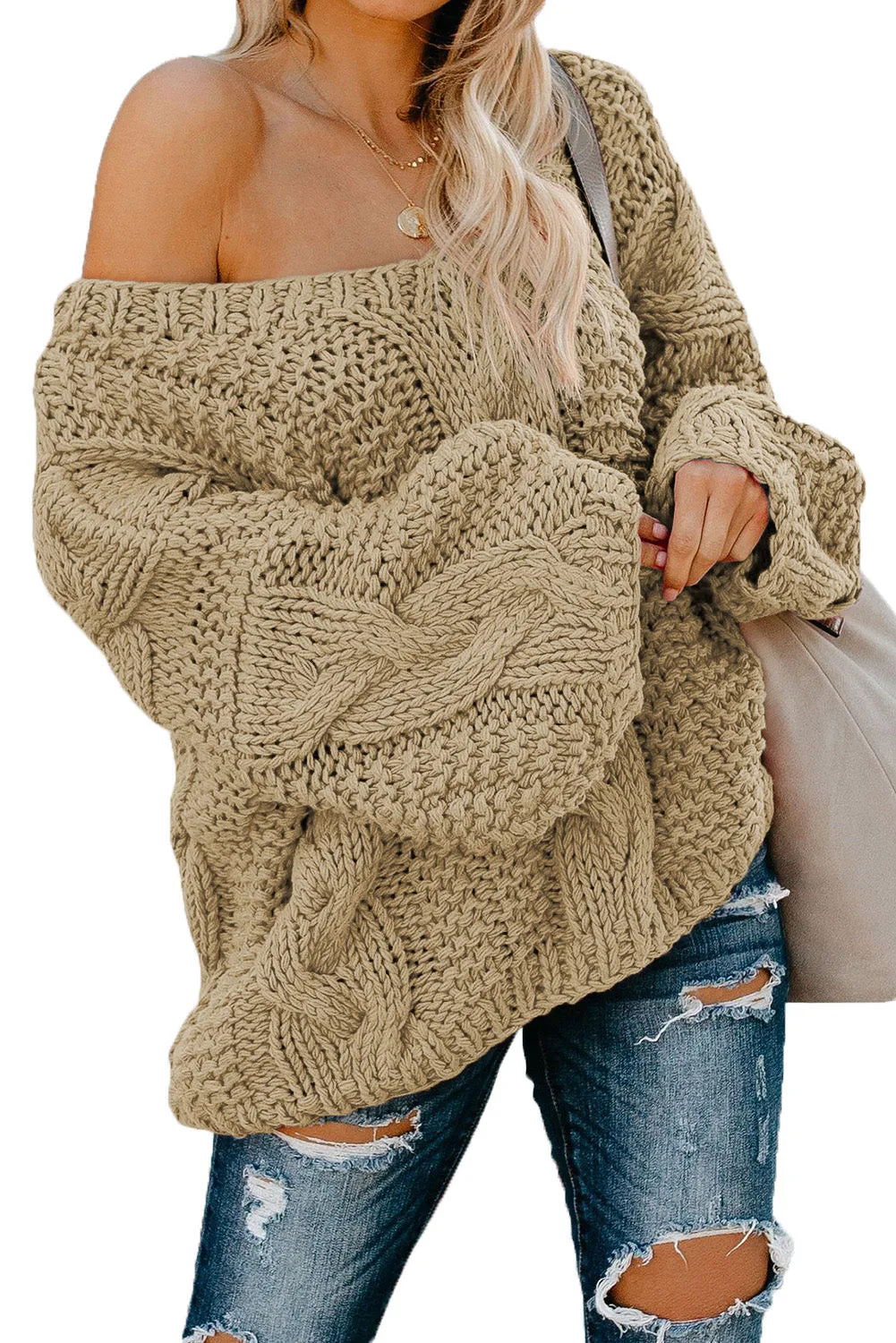 Bubblegum V-Neck Braided Knit Sweater