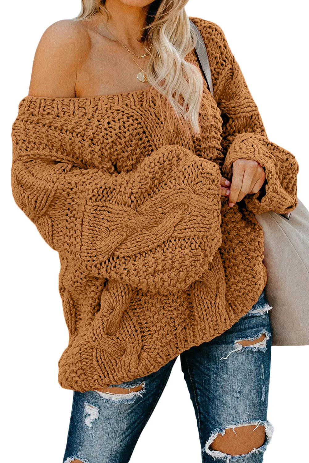 Bubblegum V-Neck Braided Knit Sweater