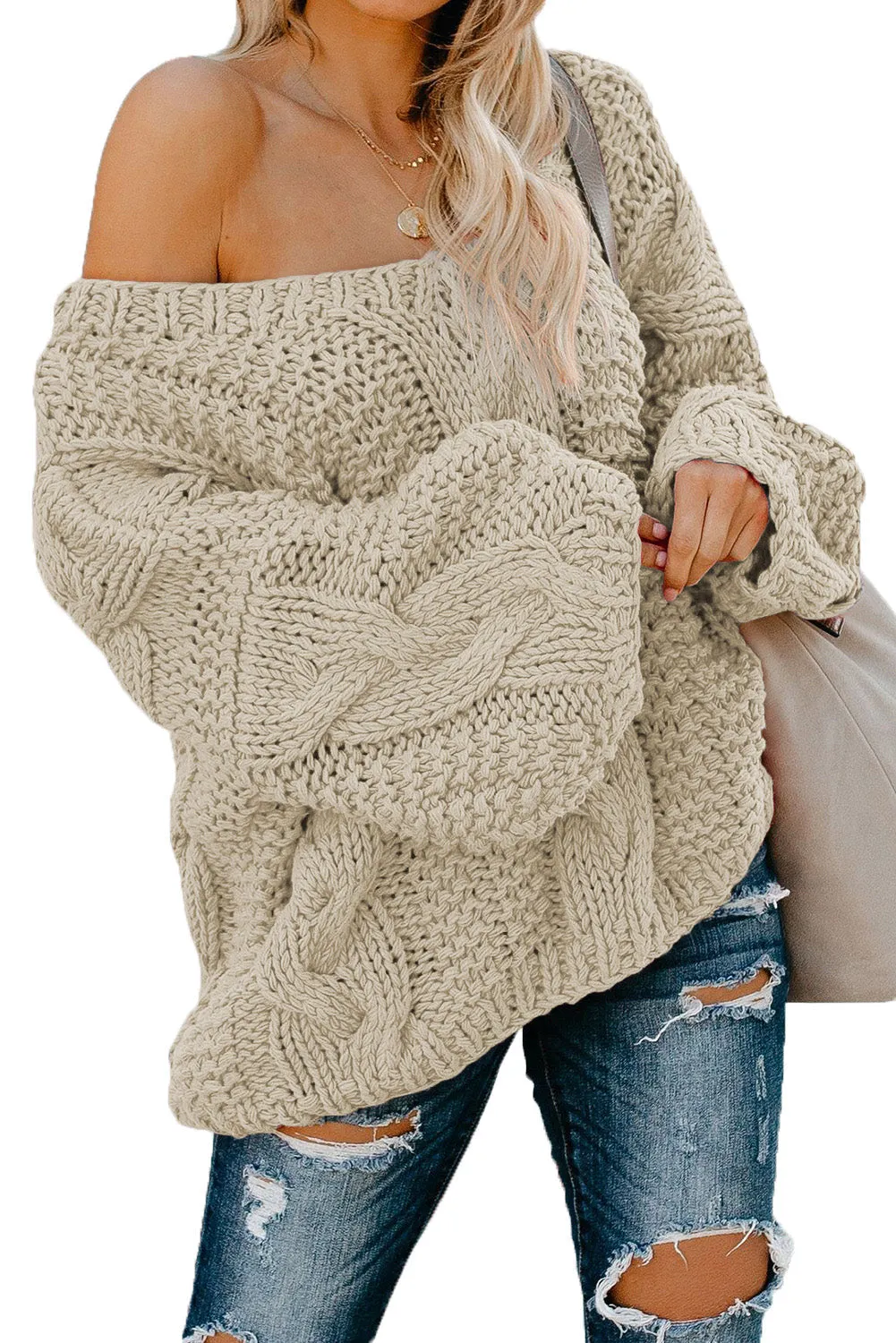 Bubblegum V-Neck Braided Knit Sweater