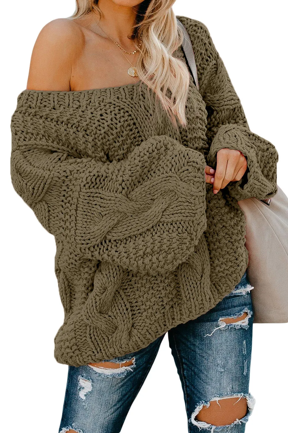 Bubblegum V-Neck Braided Knit Sweater