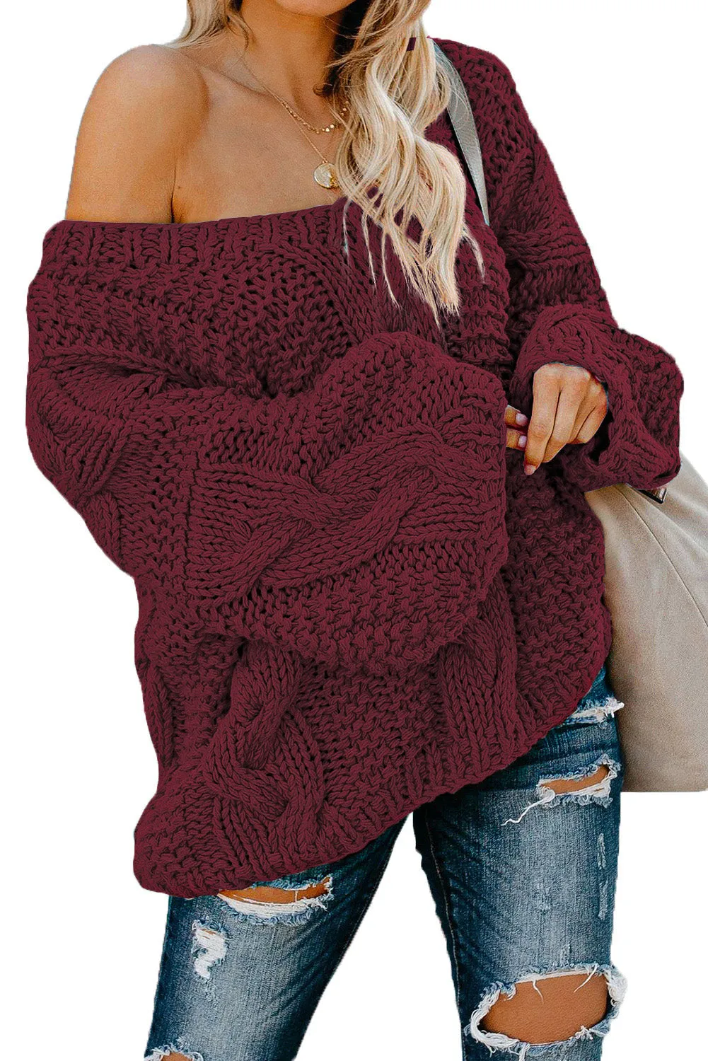 Bubblegum V-Neck Braided Knit Sweater