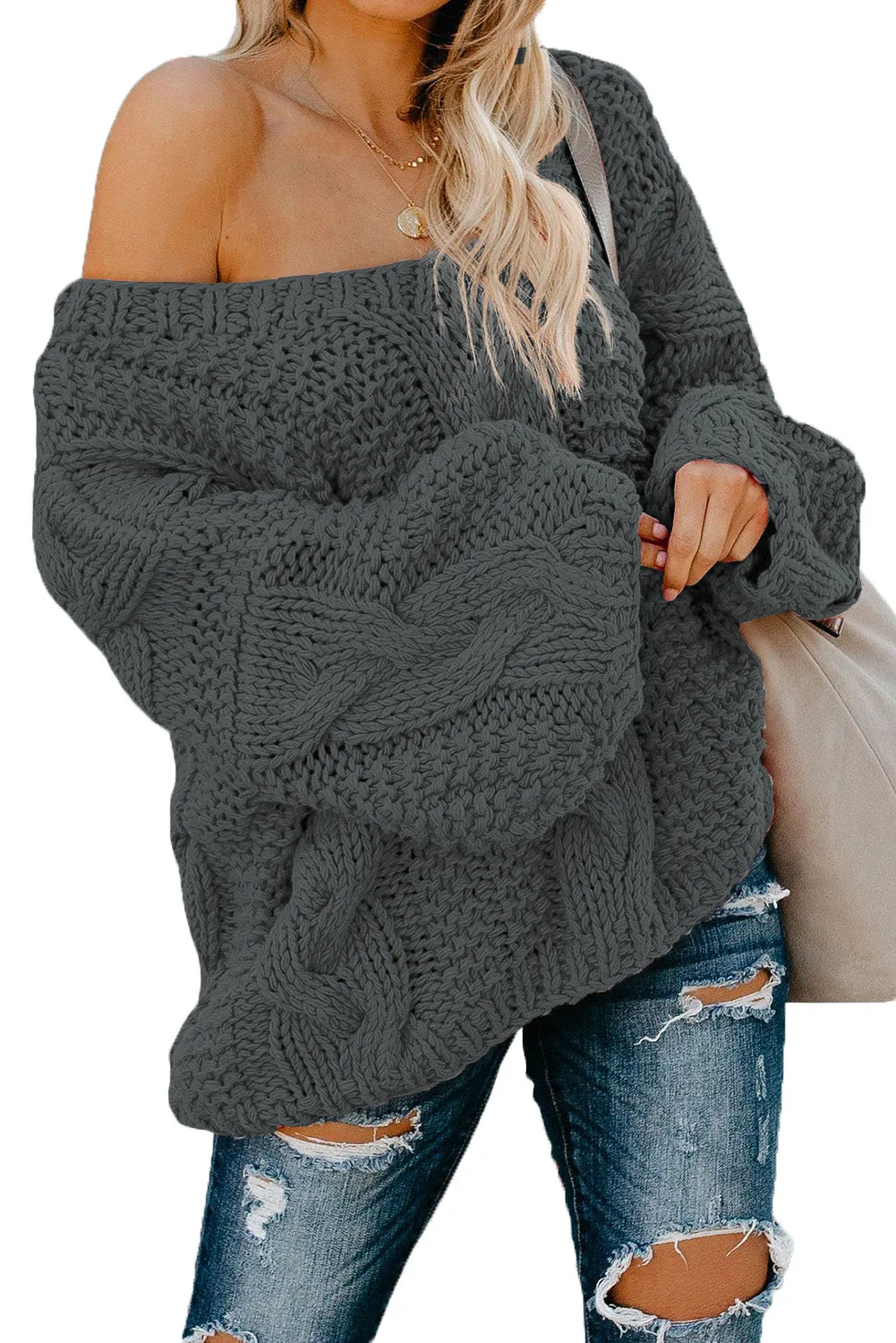 Bubblegum V-Neck Braided Knit Sweater