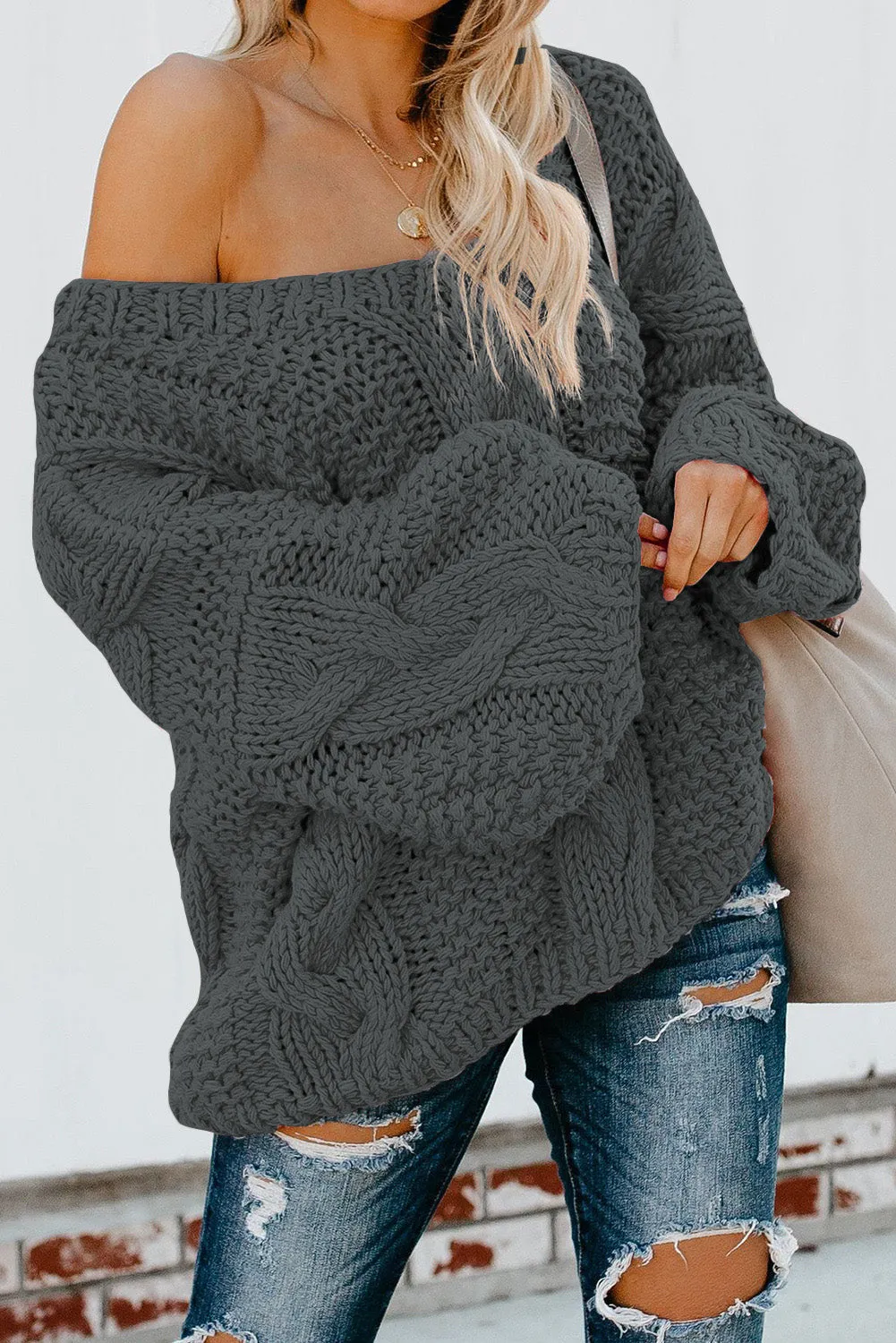Bubblegum V-Neck Braided Knit Sweater
