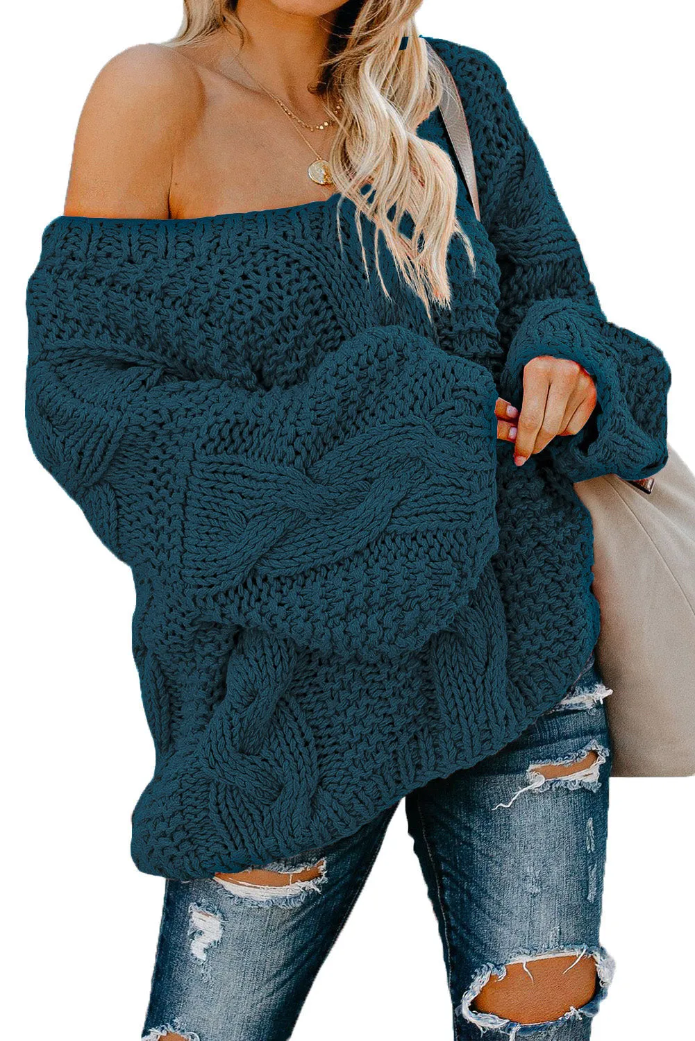 Bubblegum V-Neck Braided Knit Sweater