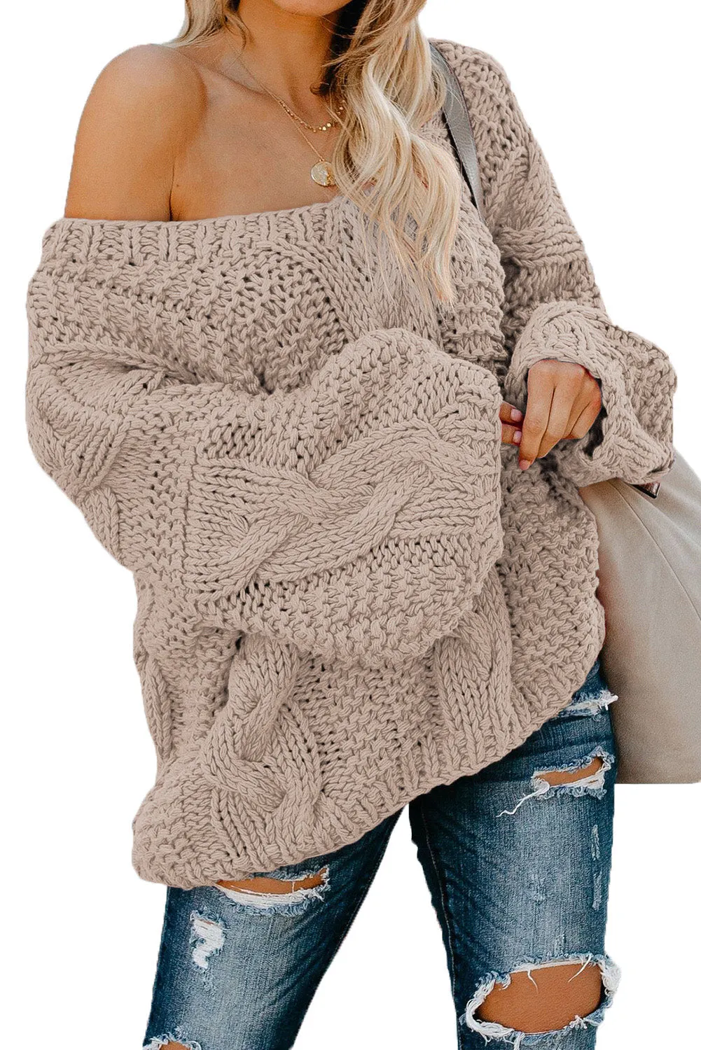 Bubblegum V-Neck Braided Knit Sweater