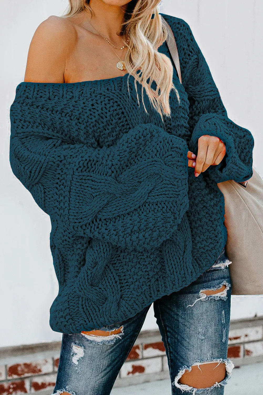 Bubblegum V-Neck Braided Knit Sweater