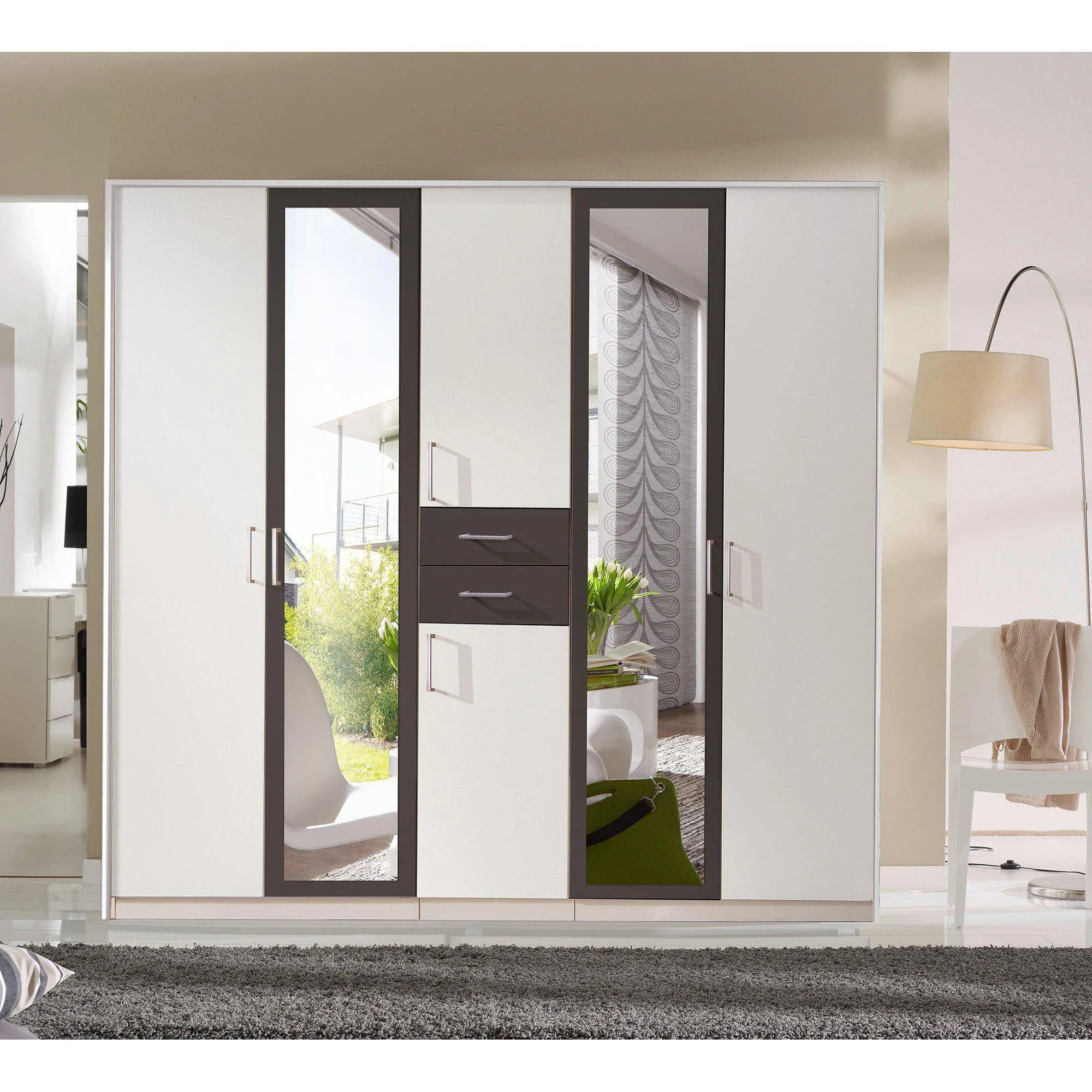 CAMILLA  White And Graphite 6 Doors 2 Drawers Mirrored wardrobe