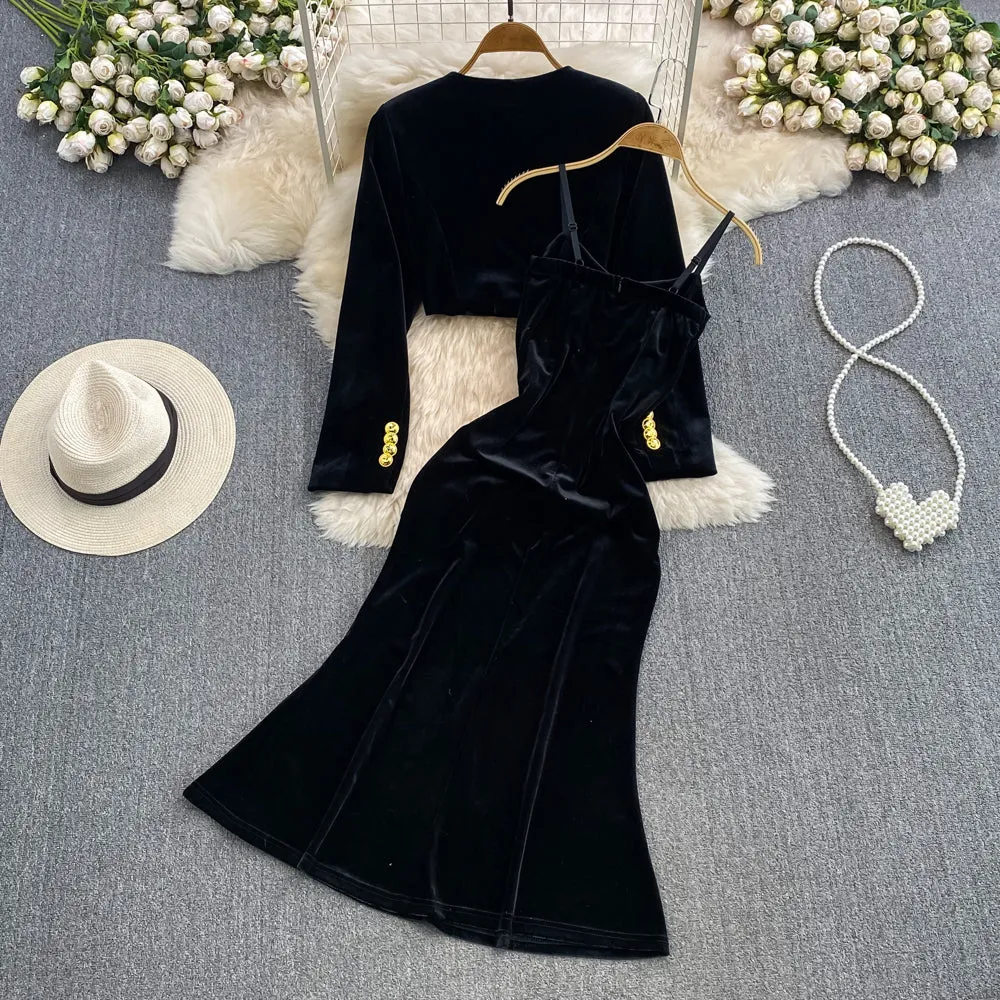 Cardigan&Fishtail Black Dress Velvet 2Pcs