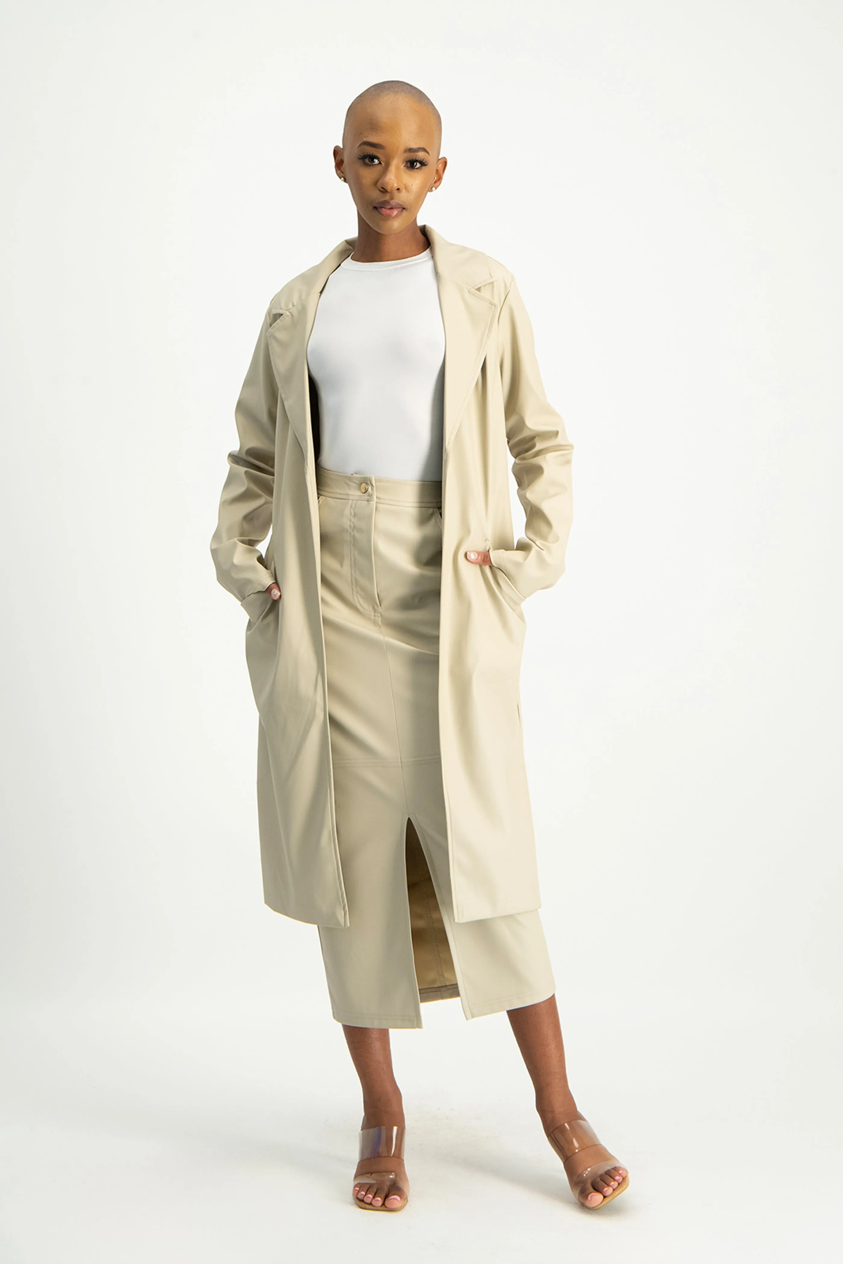 Cece Faux Leather Trench Coat - Ivory
