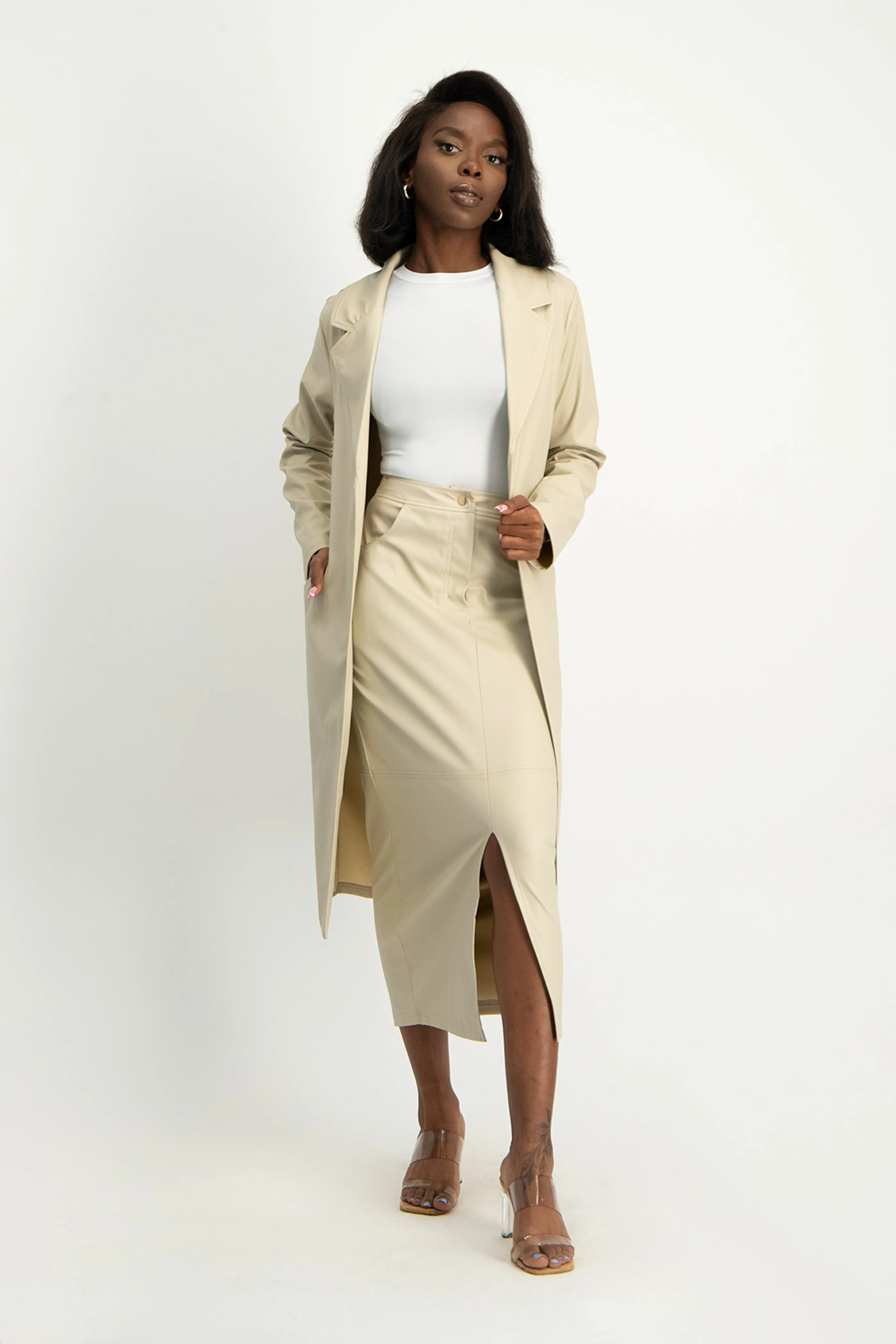 Cece Faux Leather Trench Coat - Ivory