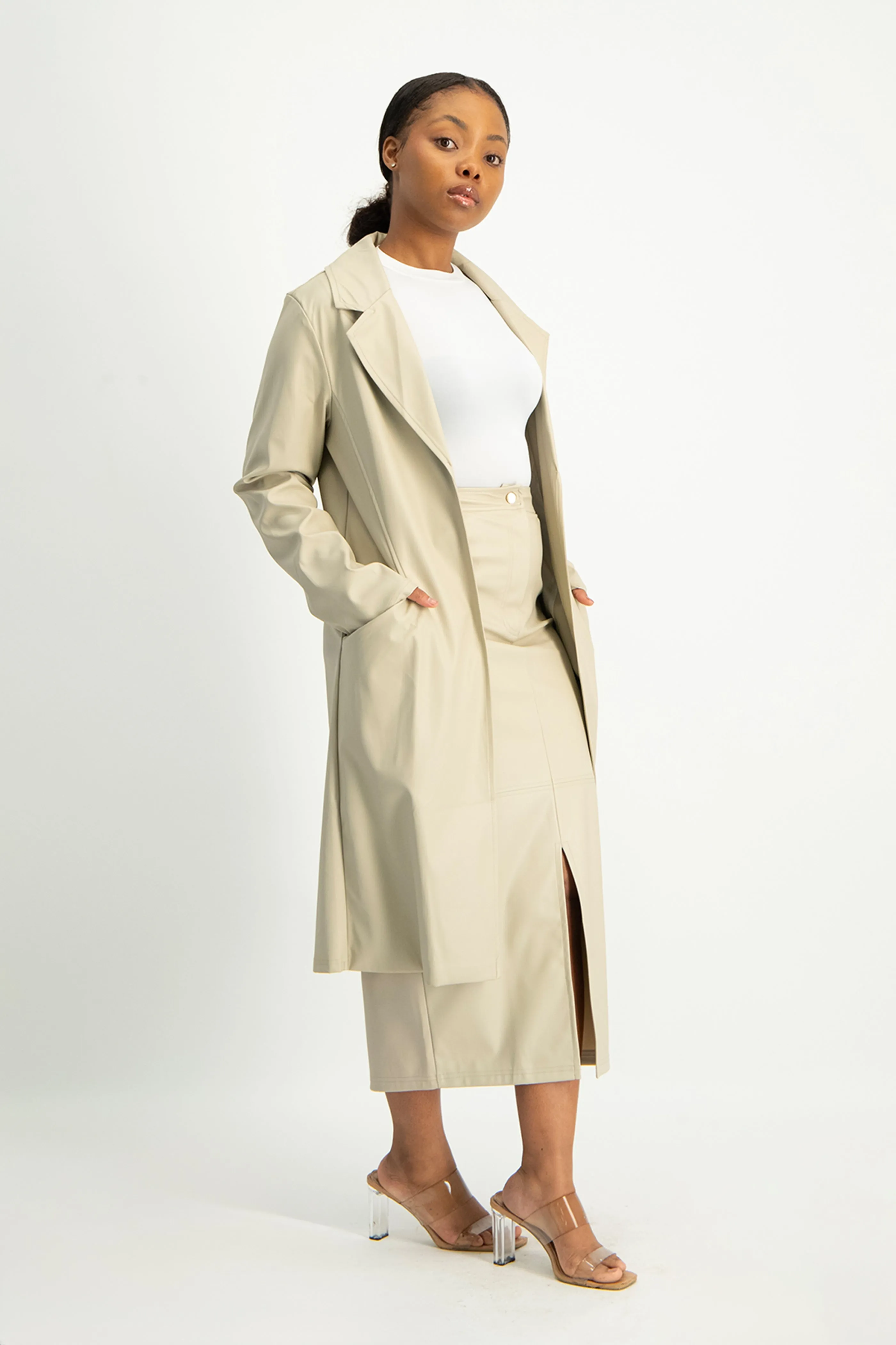 Cece Faux Leather Trench Coat - Ivory