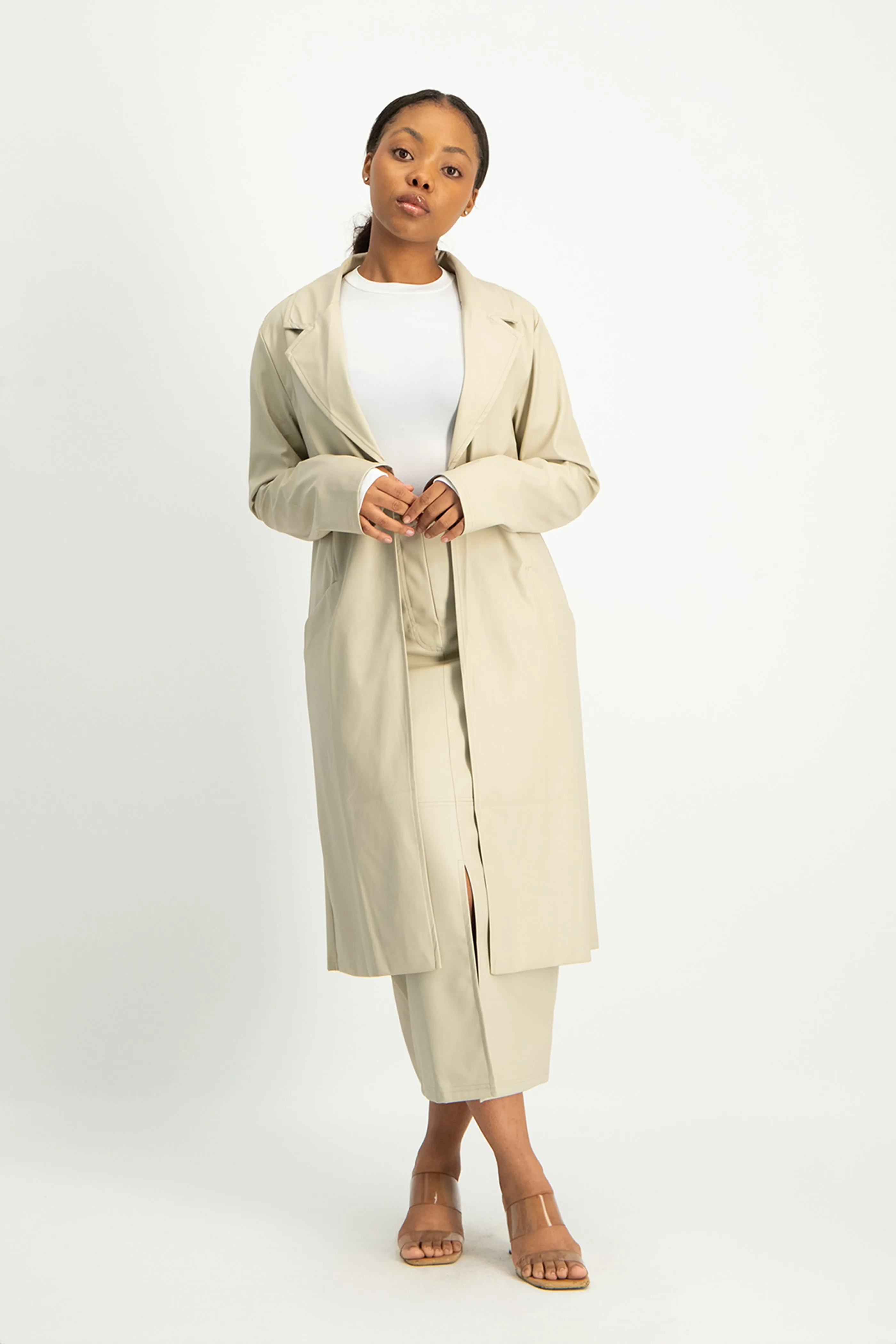 Cece Faux Leather Trench Coat - Ivory