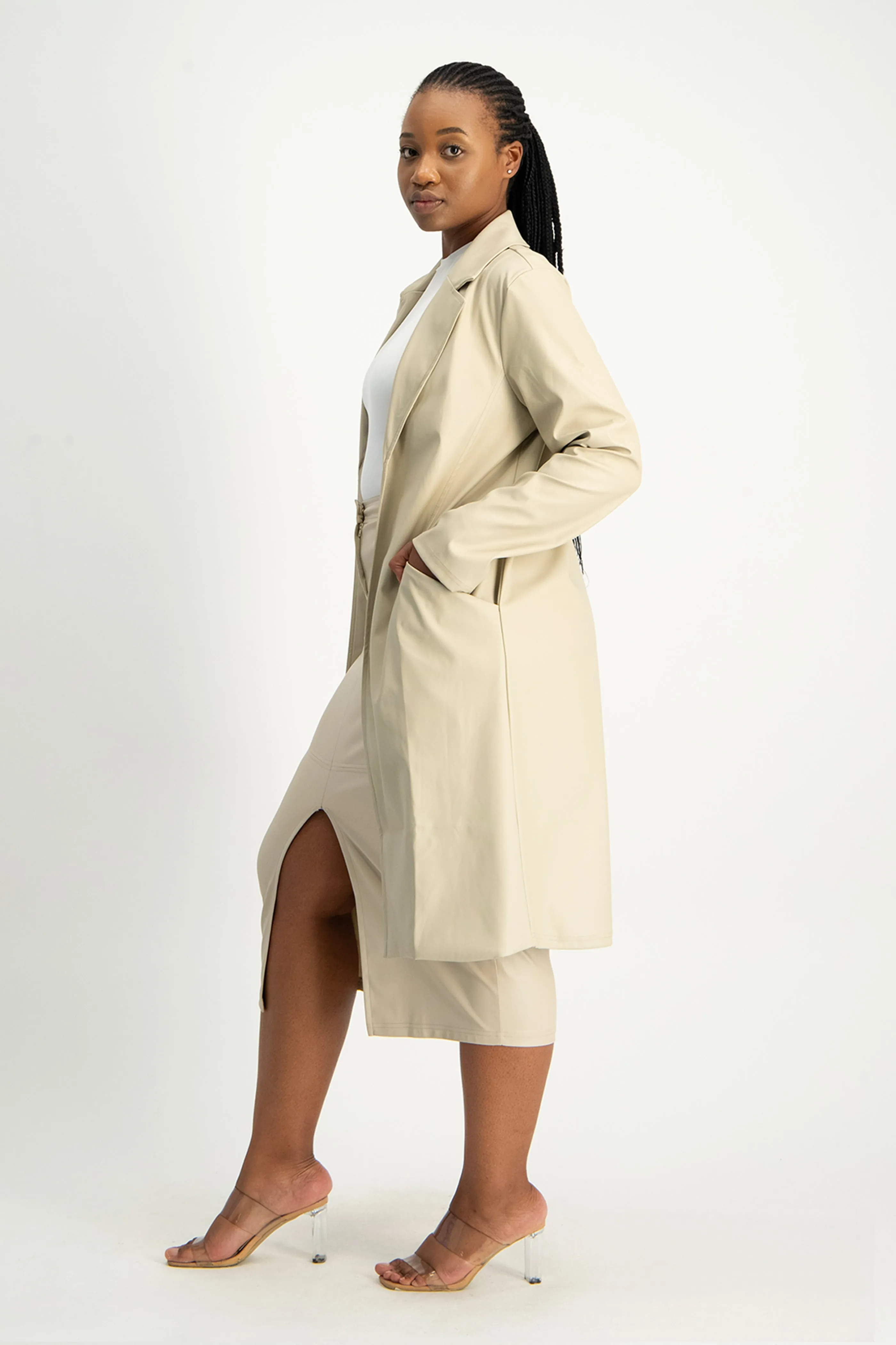 Cece Faux Leather Trench Coat - Ivory