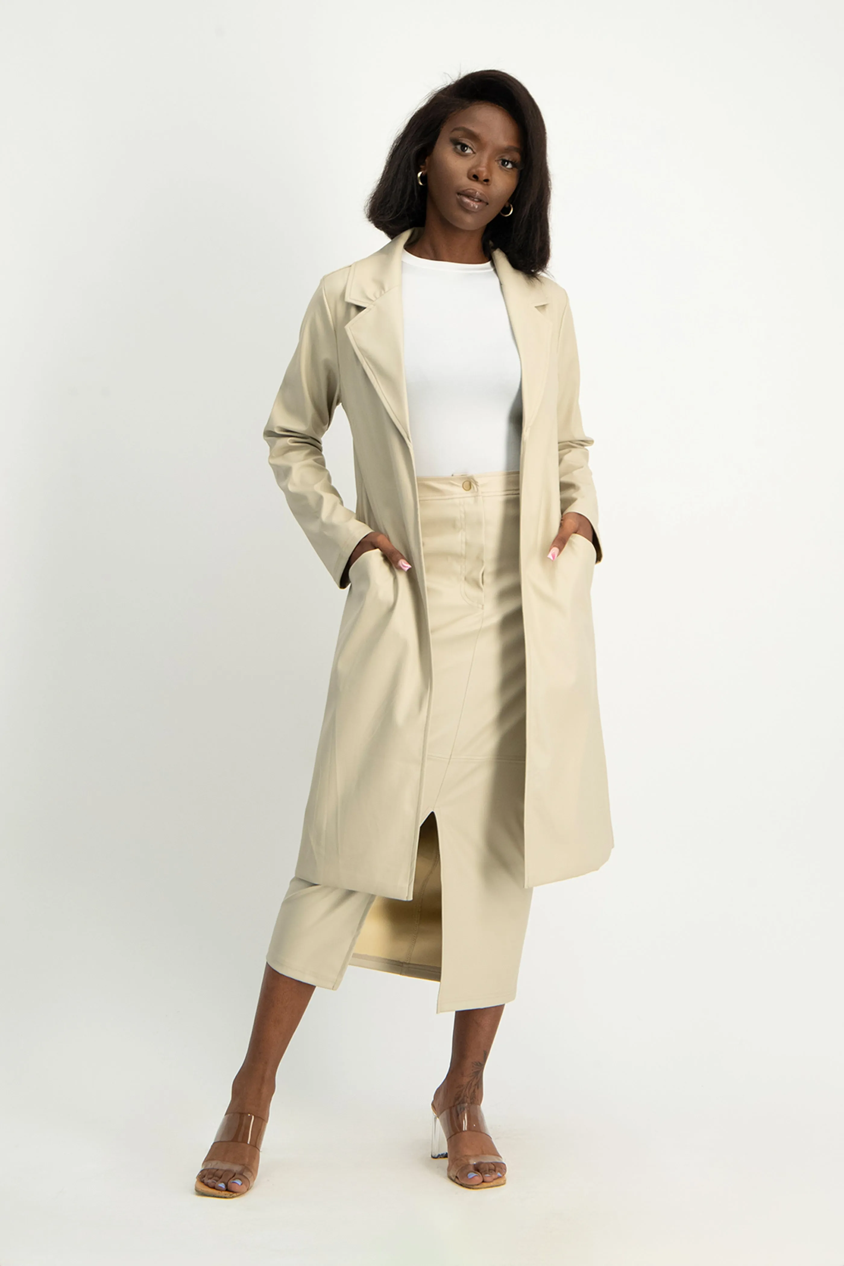 Cece Faux Leather Trench Coat - Ivory