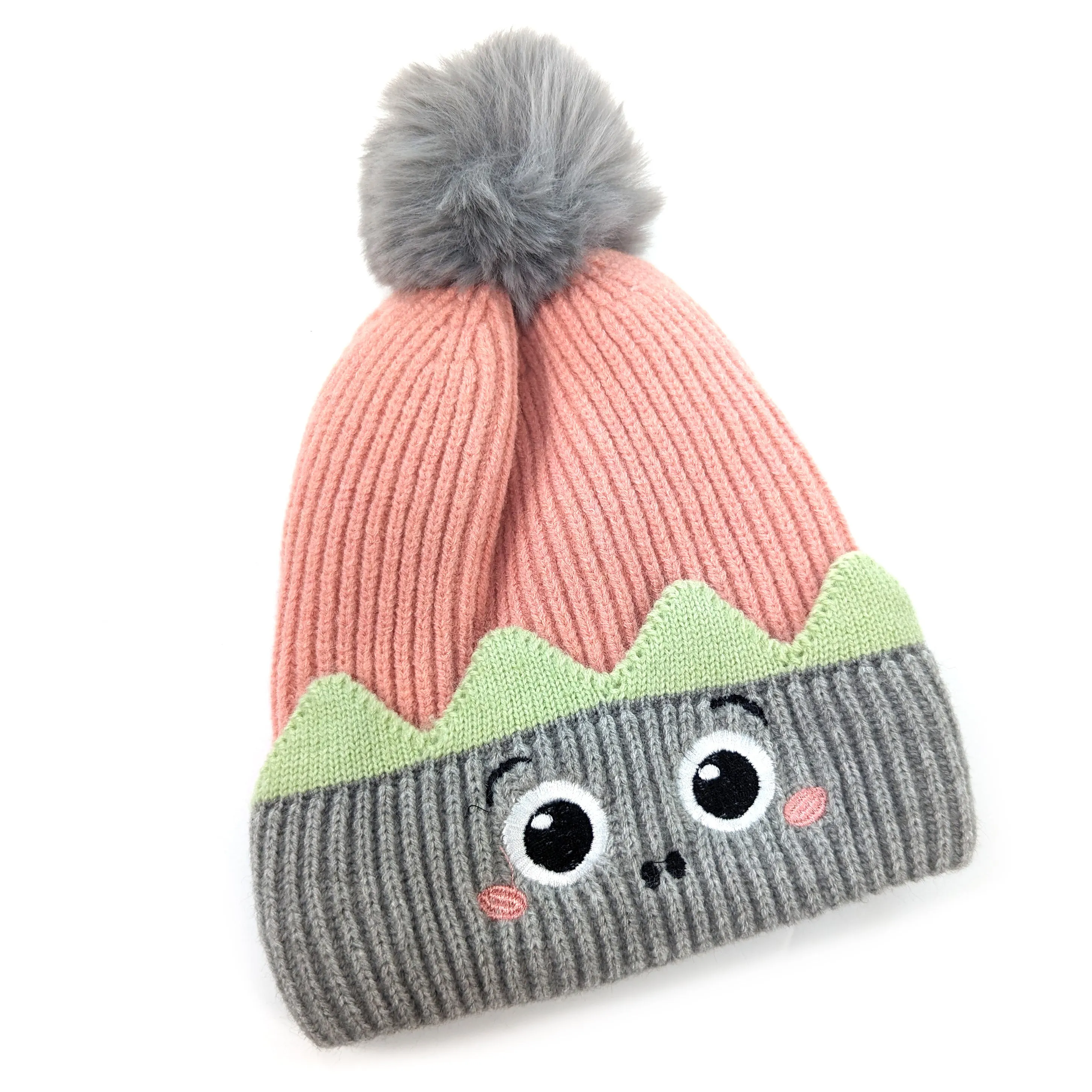 Childrens Monster Bobble Hat - Pink/Grey (up to 8 yrs)