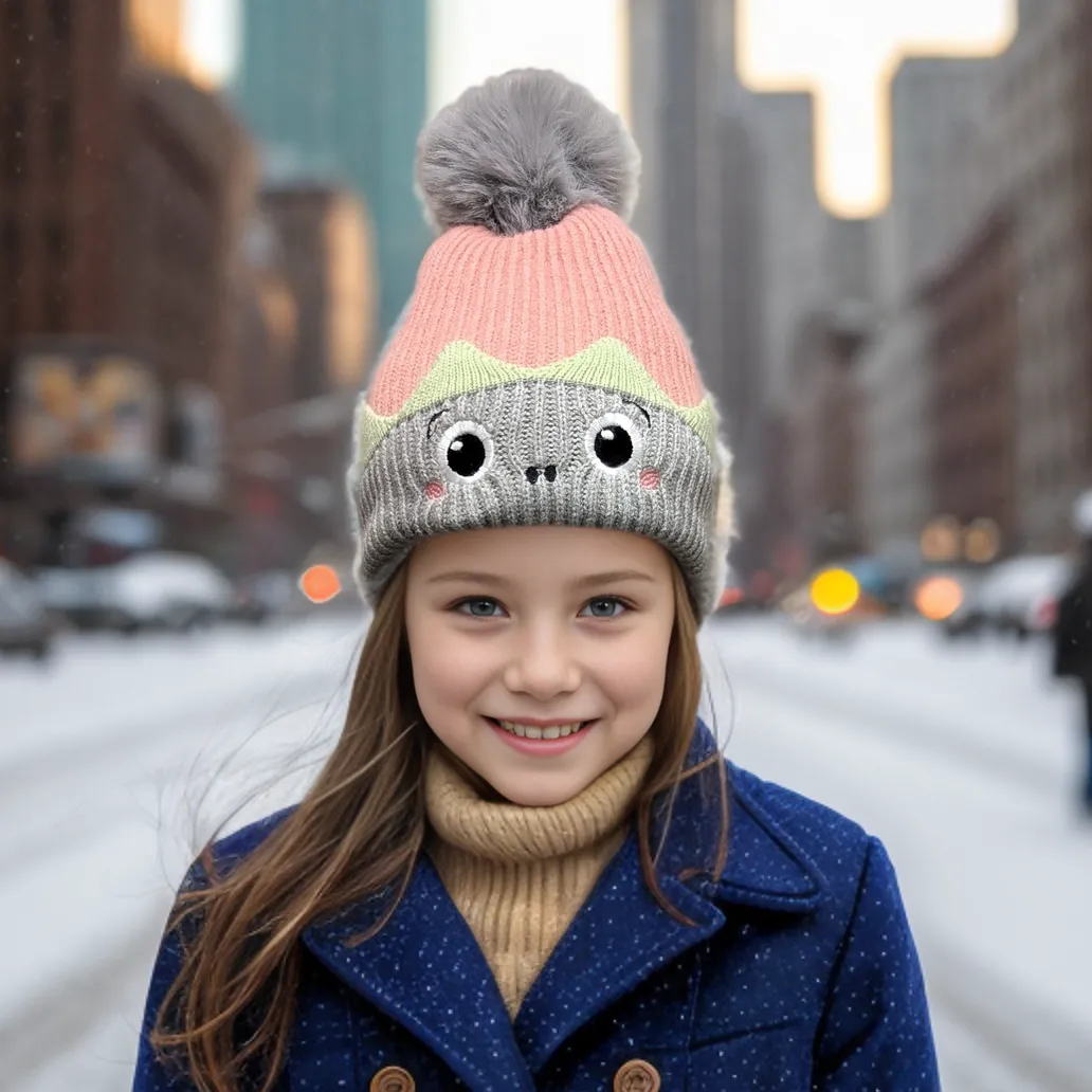 Childrens Monster Bobble Hat - Pink/Grey (up to 8 yrs)