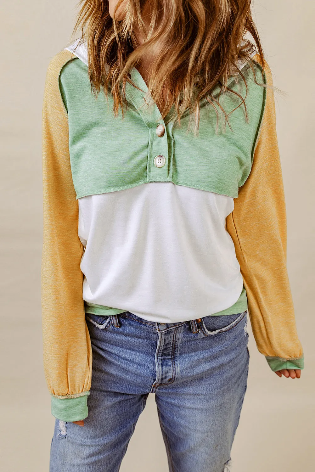 Colorblock Button Accent Pullover Hoodie