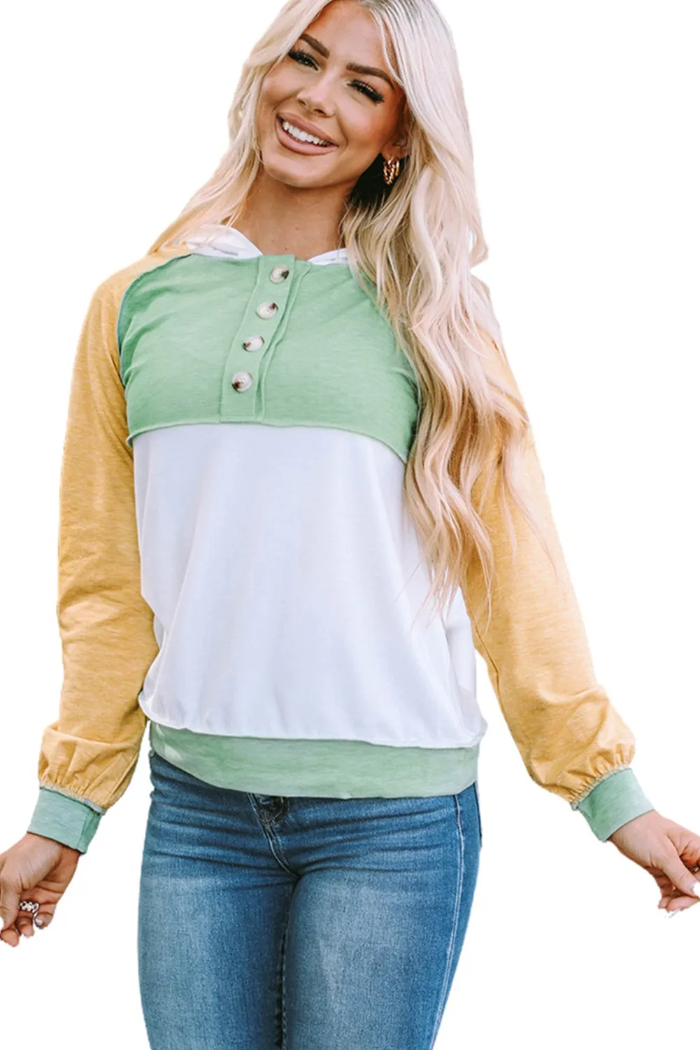 Colorblock Button Accent Pullover Hoodie