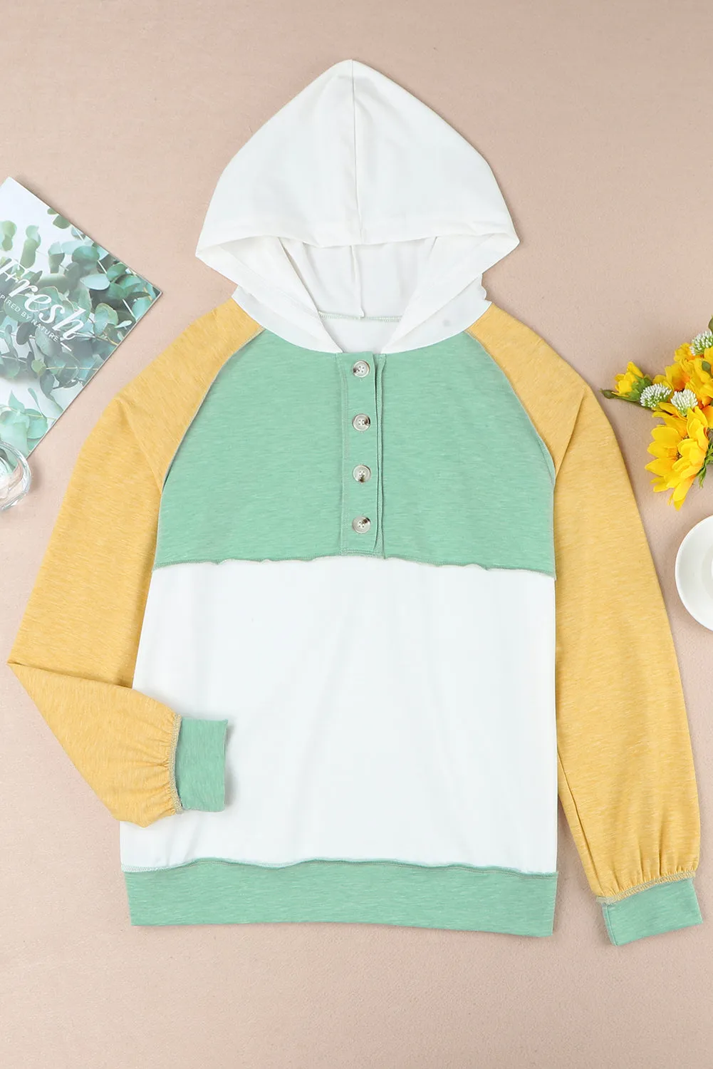 Colorblock Button Accent Pullover Hoodie