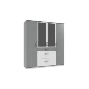 Compact 4 Doors 3 Drawers Mirrored Wardrobe Grey White Gloss