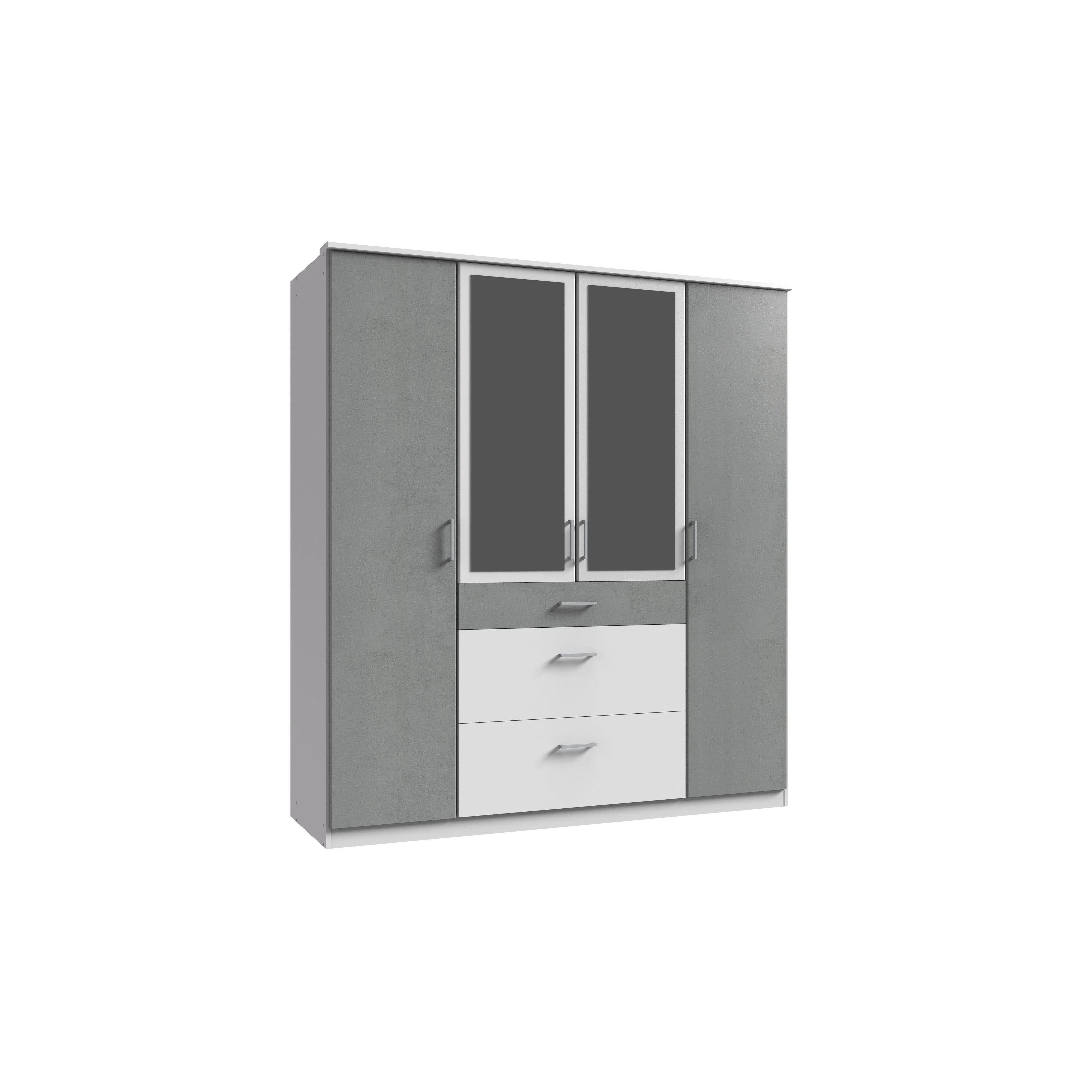 Compact 4 Doors 3 Drawers Mirrored Wardrobe Grey White Gloss