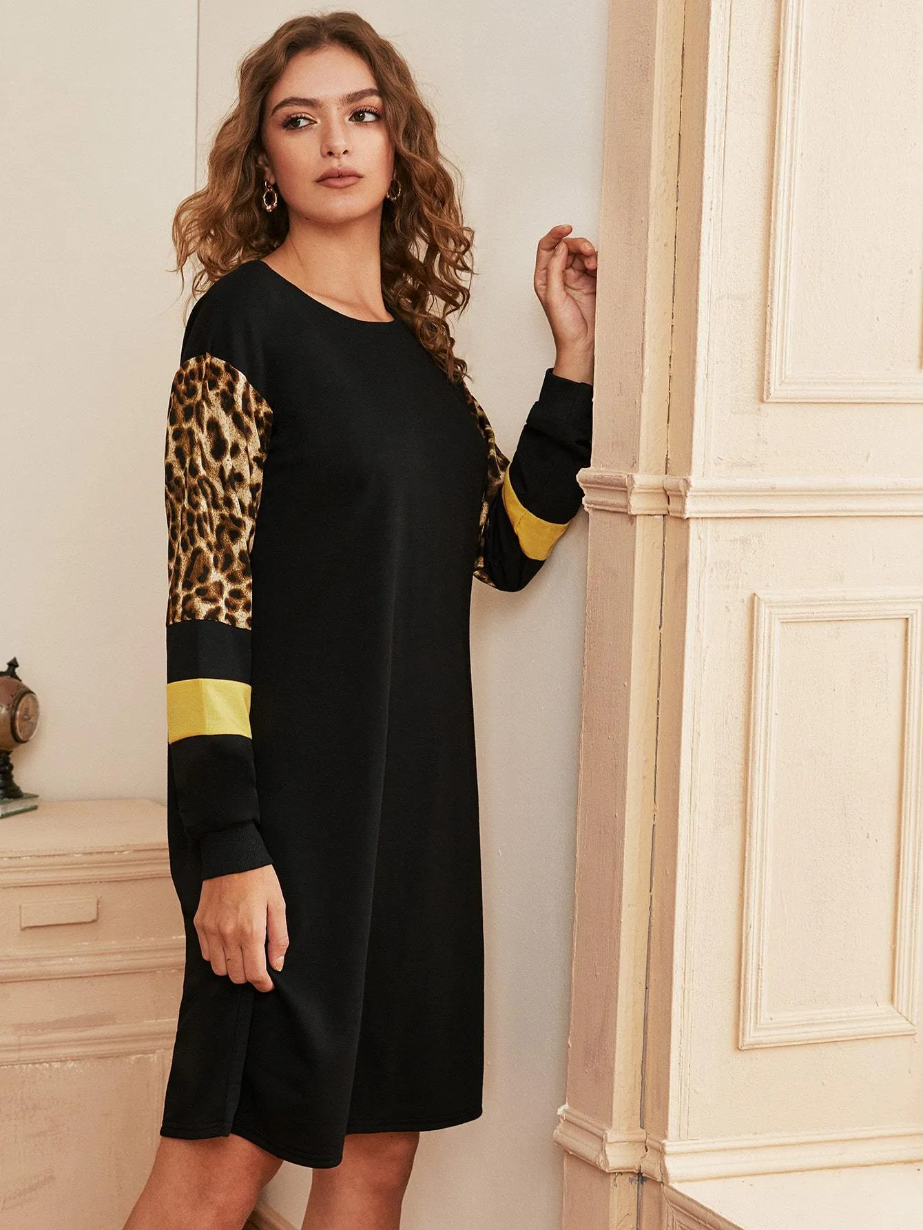 Contrast Leopard Panel Sweatshirt Dress