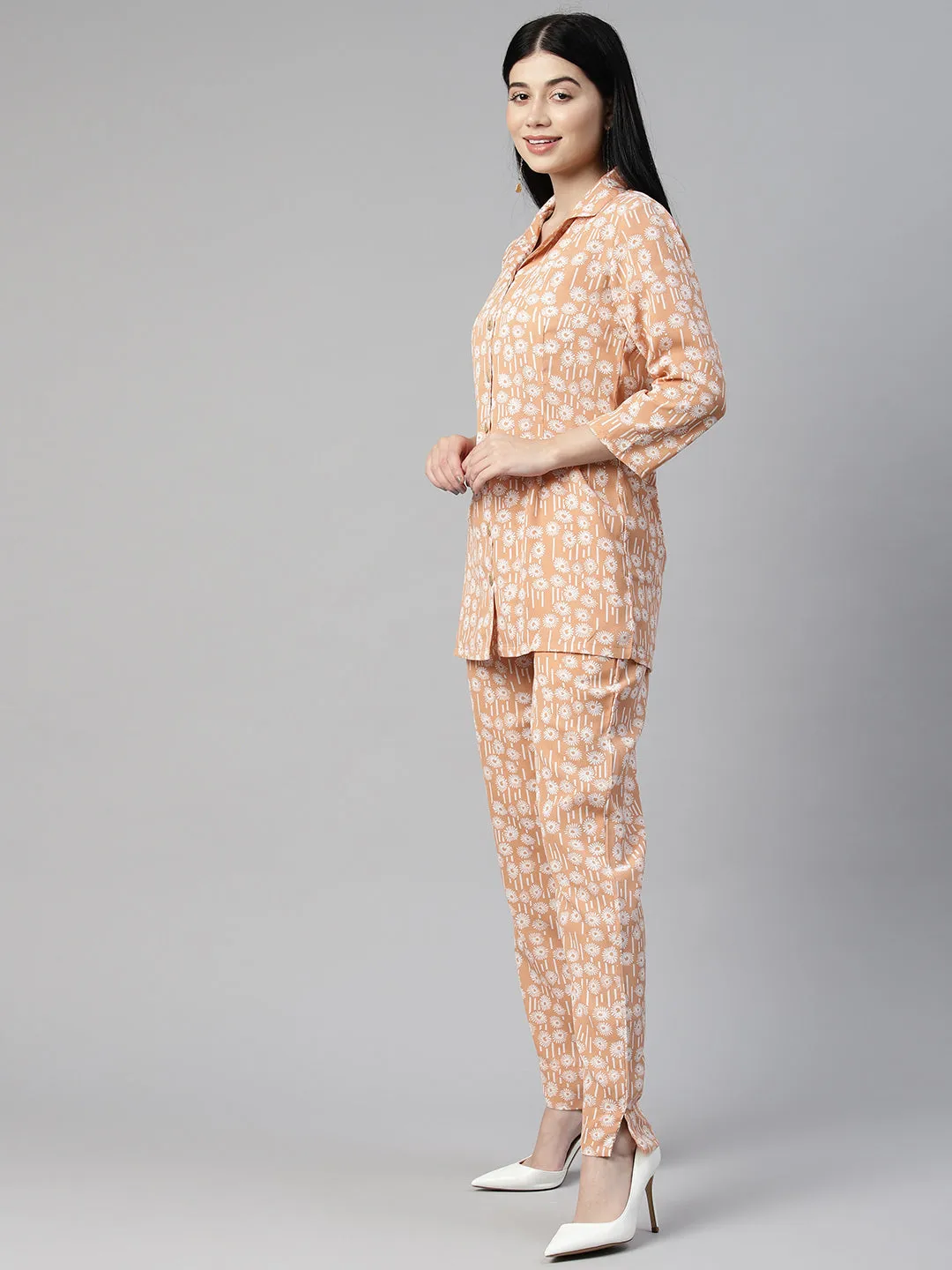 Cottinfab Women Floral Printed Shirt & Trousers Co-Ords Set