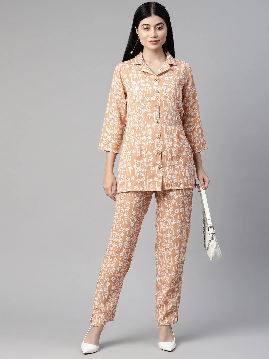 Cottinfab Women Floral Printed Shirt & Trousers Co-Ords Set