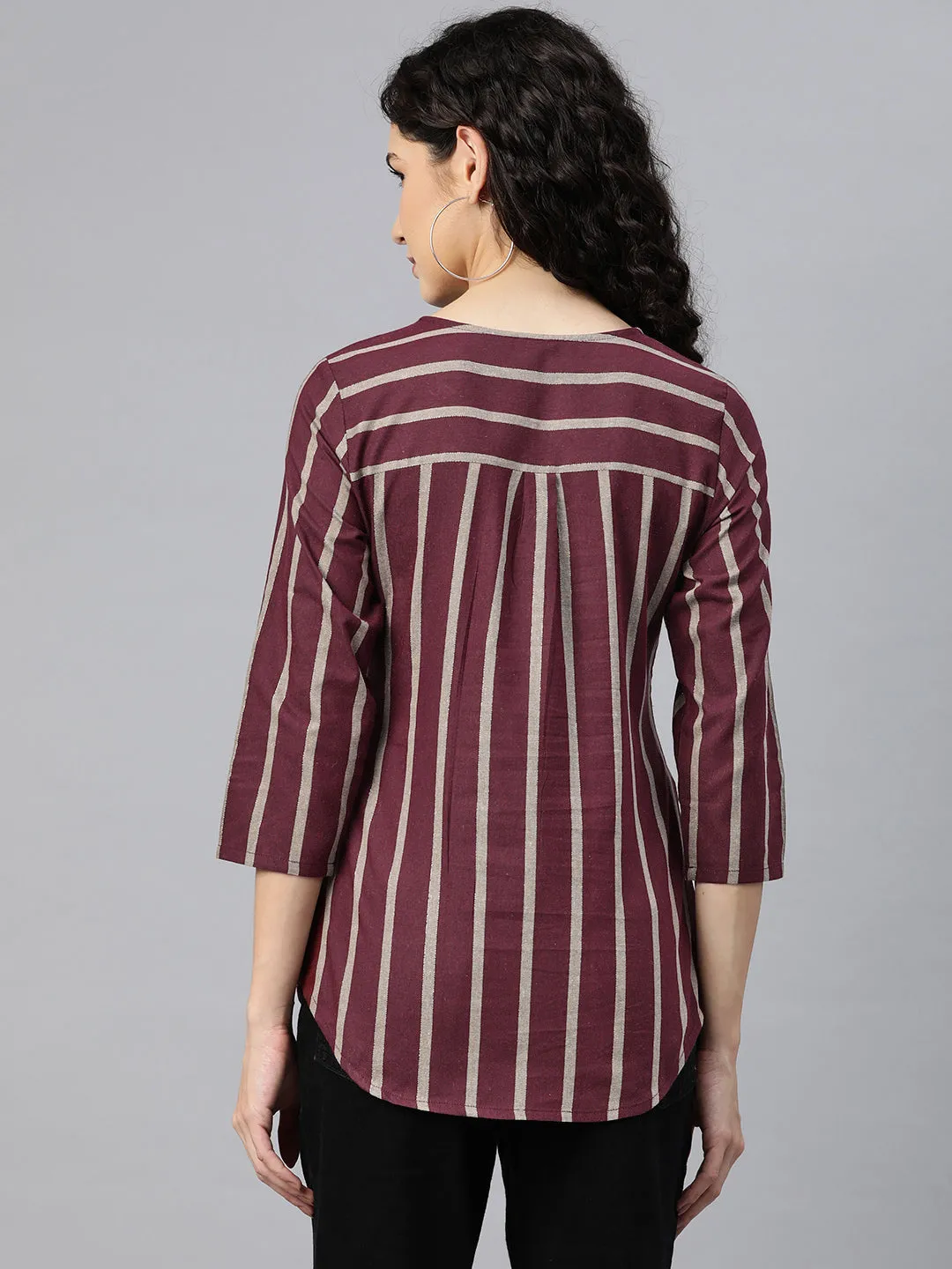 Cottinfab Women Striped Front Pleated Cotton Longline Top