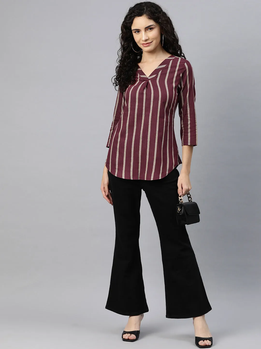 Cottinfab Women Striped Front Pleated Cotton Longline Top