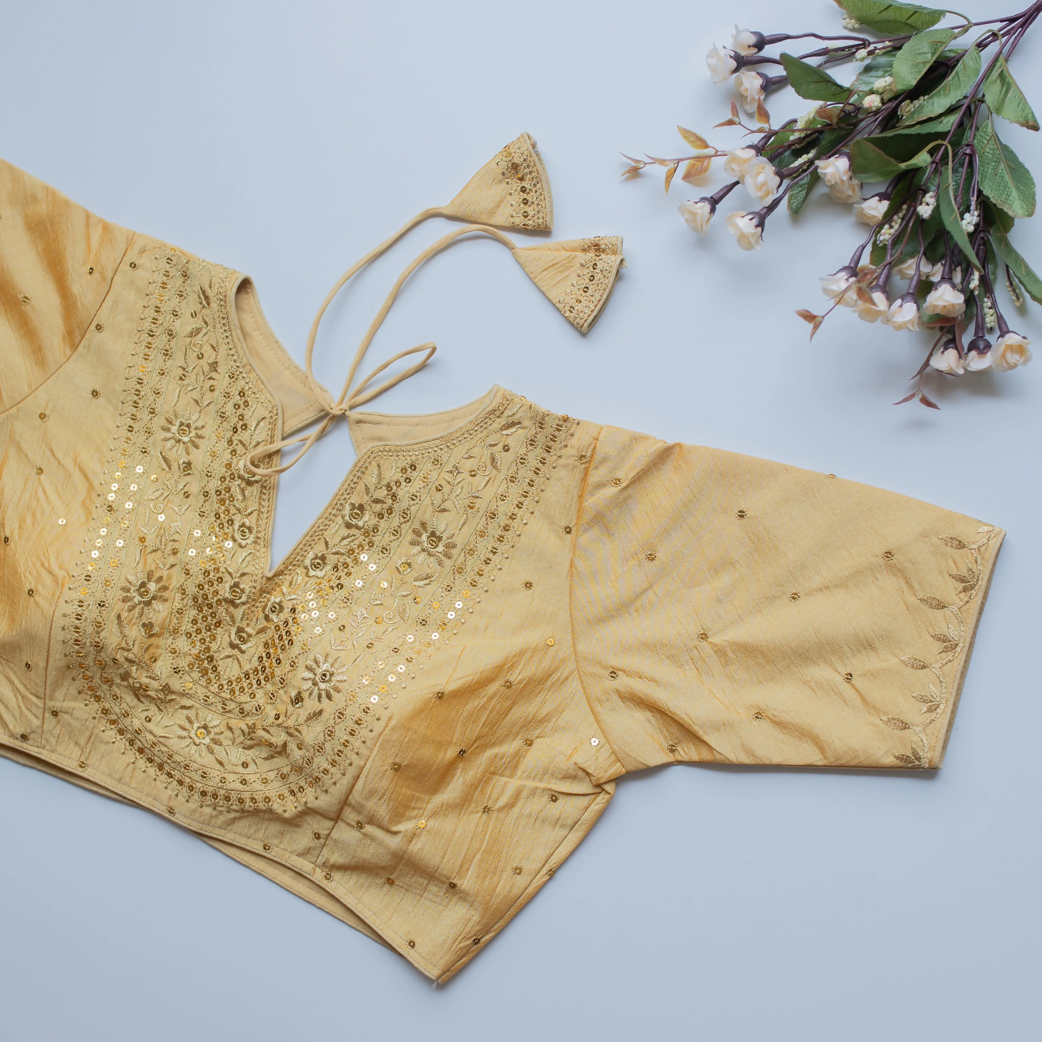 Cream Olive Silk Blouse with Golden Embroidery and Sequence Accents