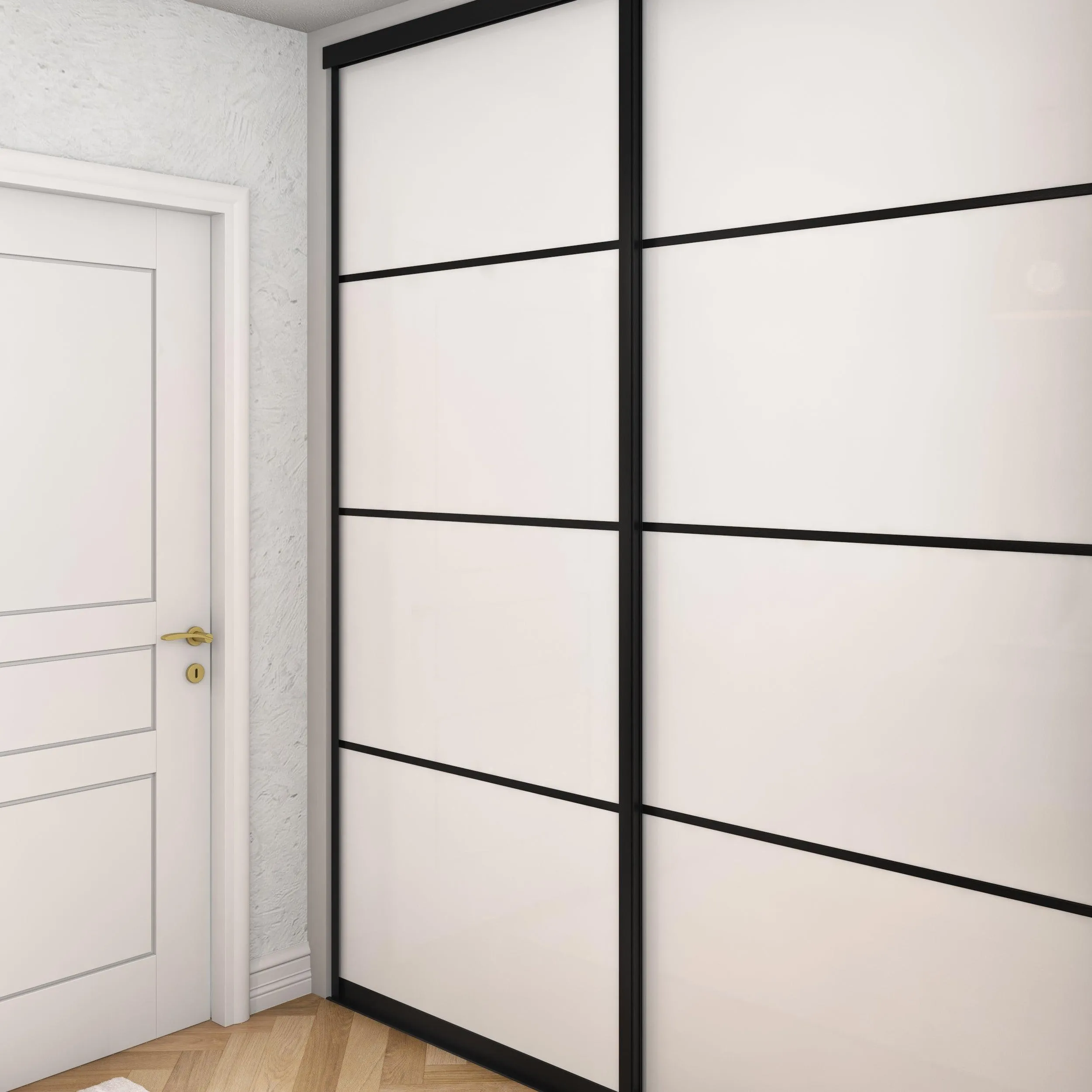 Curve Brushed Black Frame 2 Door White Glass Sliding Wardrobe Kit