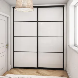 Curve Brushed Black Frame 2 Door White Glass Sliding Wardrobe Kit