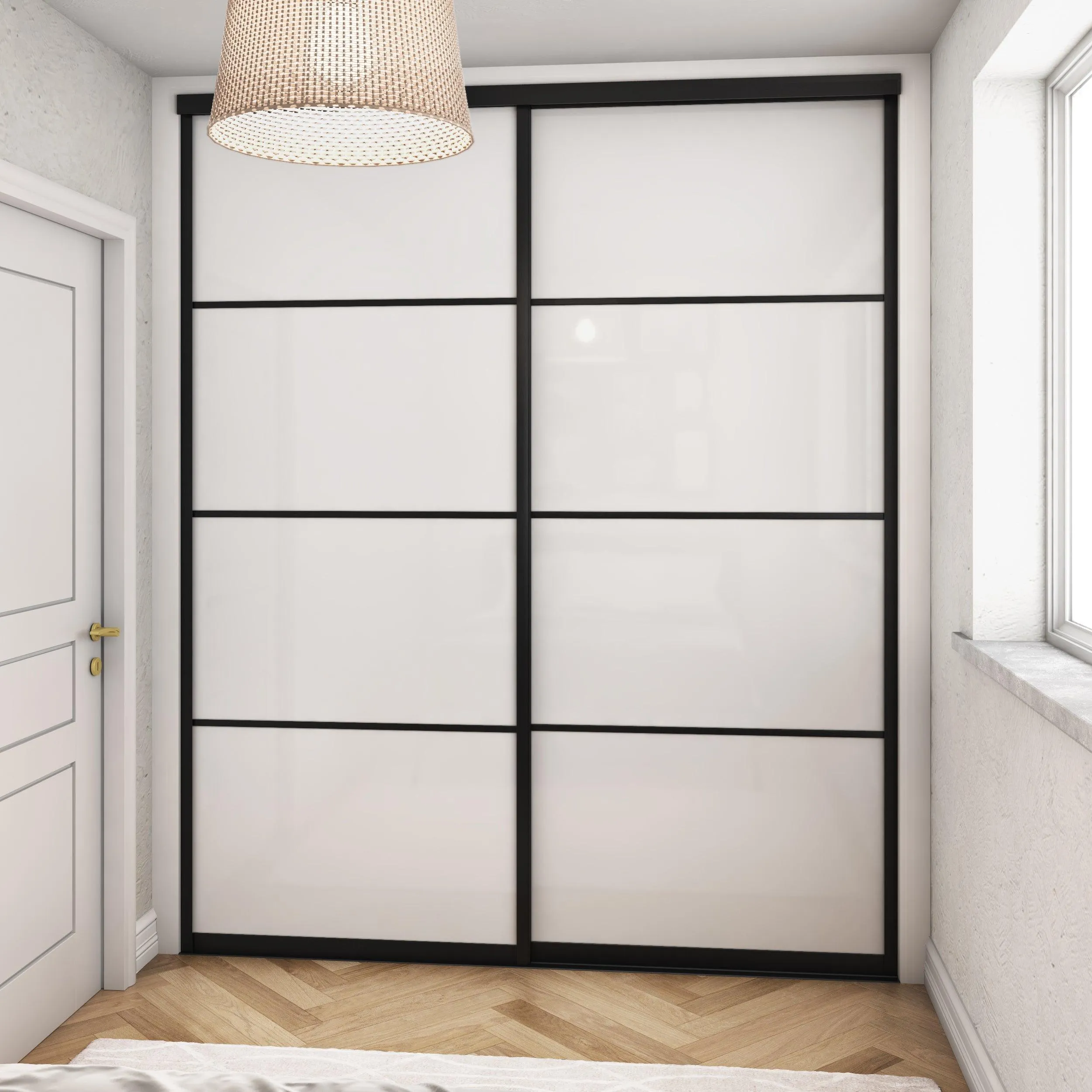 Curve Brushed Black Frame 2 Door White Glass Sliding Wardrobe Kit