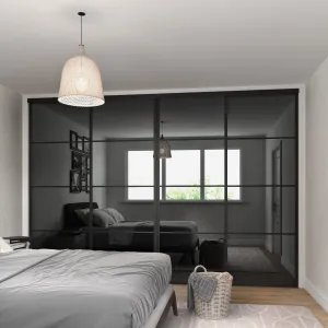 Curve Brushed Black Frame 4 Door Grey Mirror Sliding Wardrobe Kit