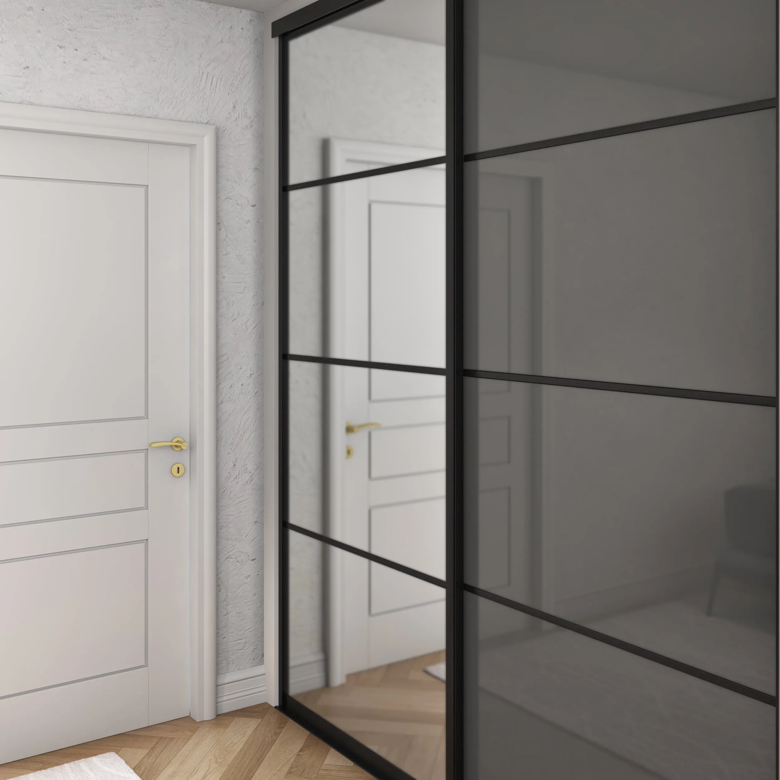 Curve Brushed Black Frame Grey Glass 2 Door Mirror Sliding Wardrobe Kit