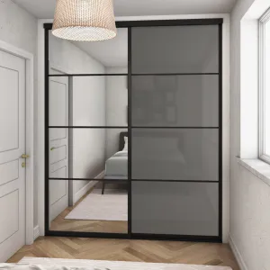 Curve Brushed Black Frame Grey Glass 2 Door Mirror Sliding Wardrobe Kit